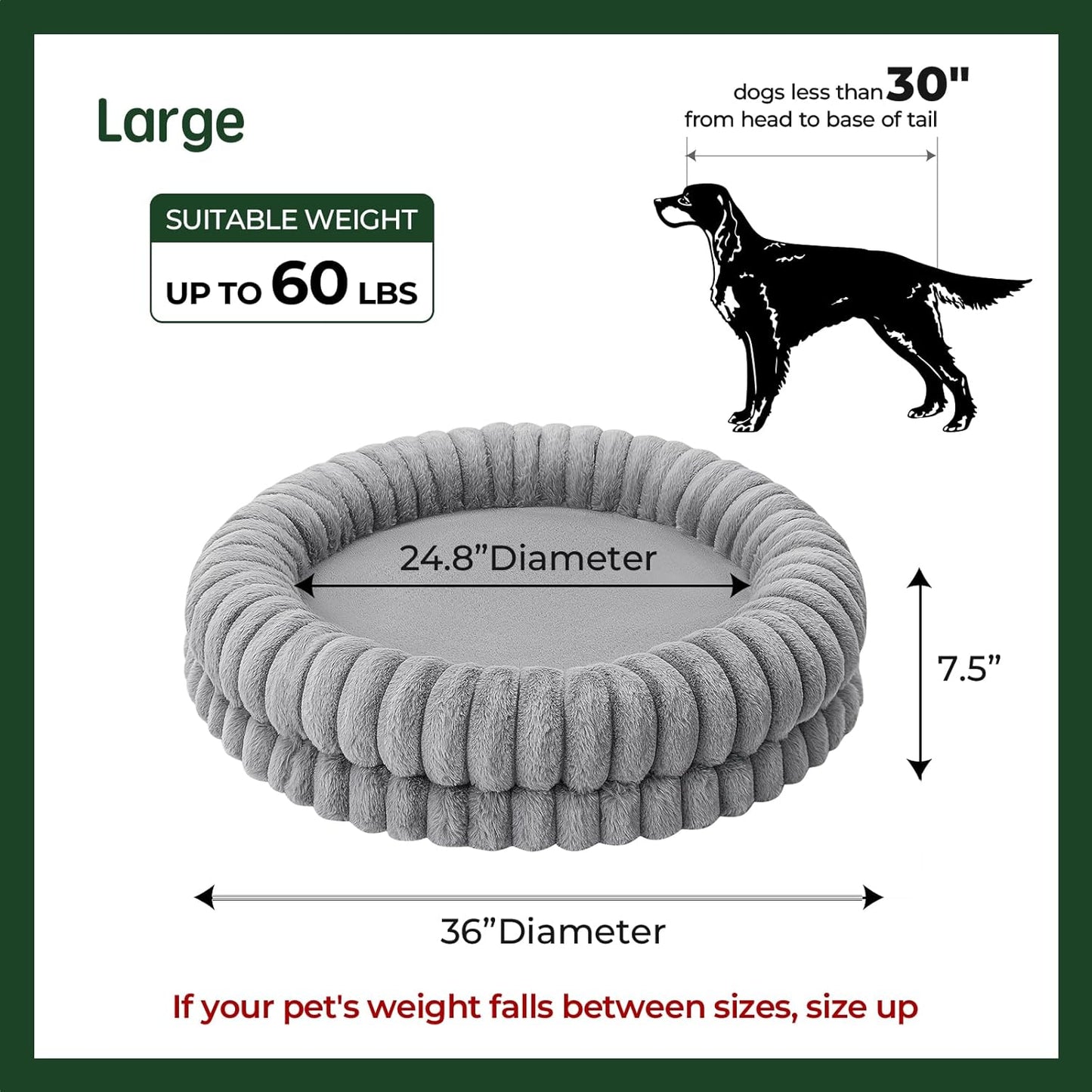 BALANCE Luxury Donut Dog Bed, 36 Inches Round Dog Beds Large Sized Dogs Washable, Orthopedic Calming Dogs Bed for Pets with Anti-Slip Bottom, Gray