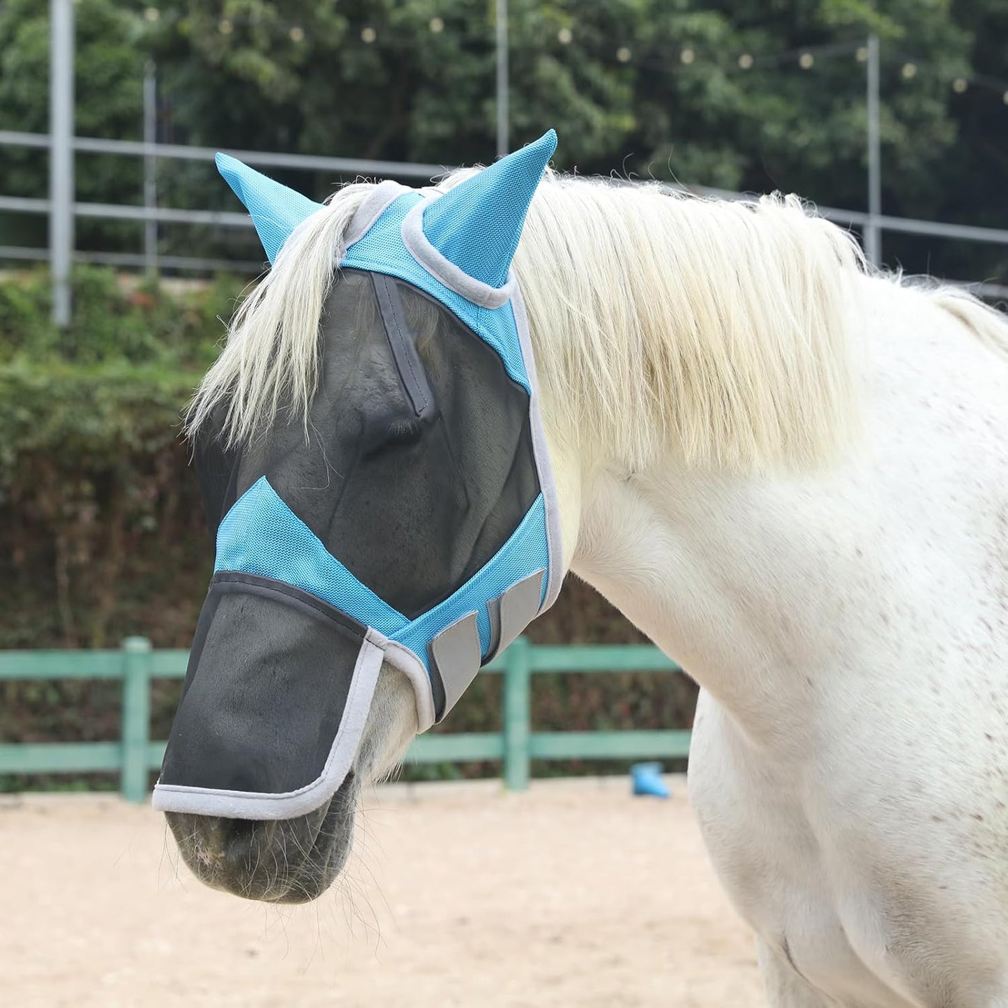 Horse Fly Mask with Ears & Long Nose Cover | Forelock Opening for Tangle-Free Mane Care | UV Protection & Breathable Mesh | No Rub Fit and Enhanced Visbility for Trail Riding Paleblue Pony