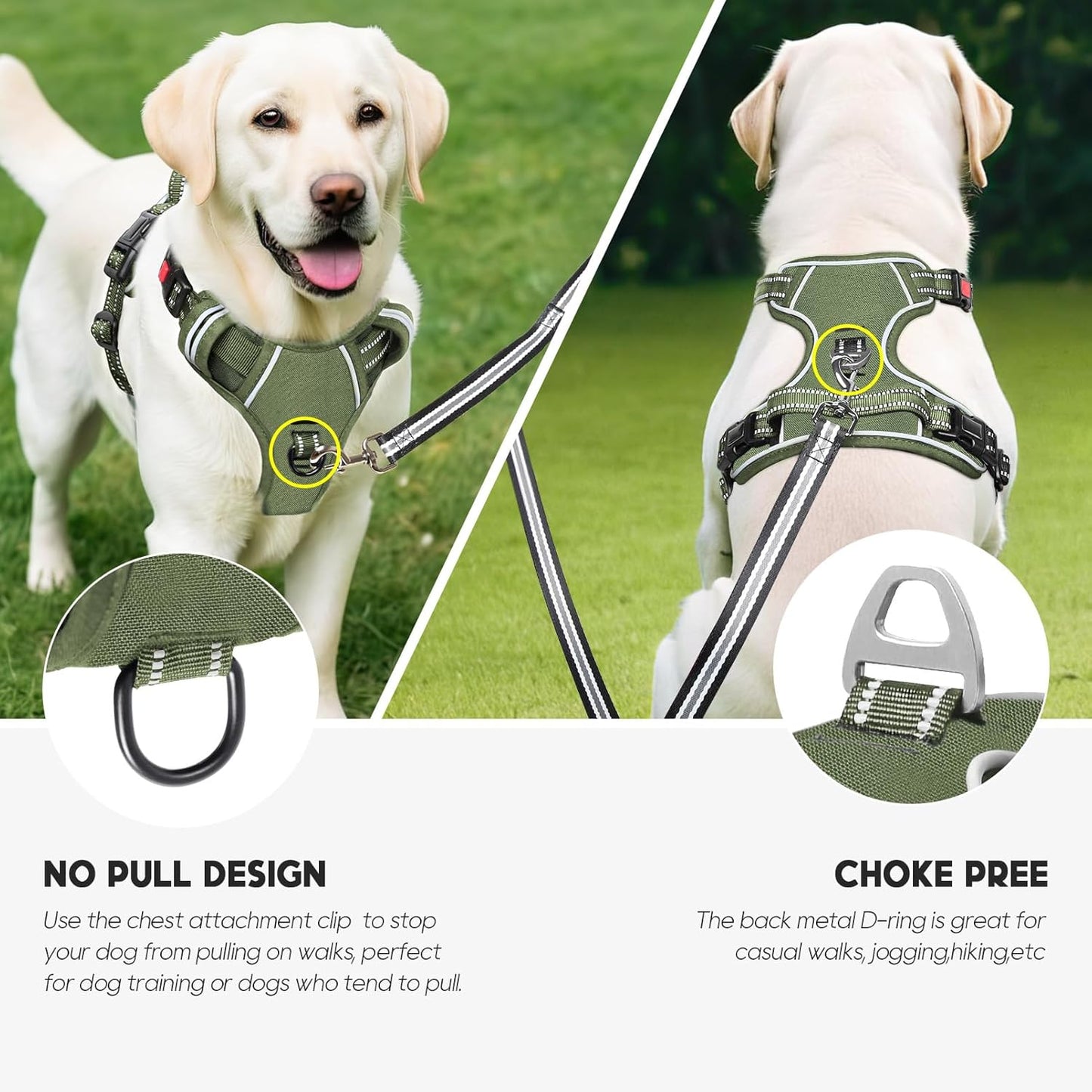 Timos Dog Harness Large Sized, No Pull Pet Harness with Neck Lockable Snap,No Choke Front Clip Dog Reflective Vest,Adjustable Metal Rings 3 Buckles,Easy Control Handle for Large Dogs Green XL