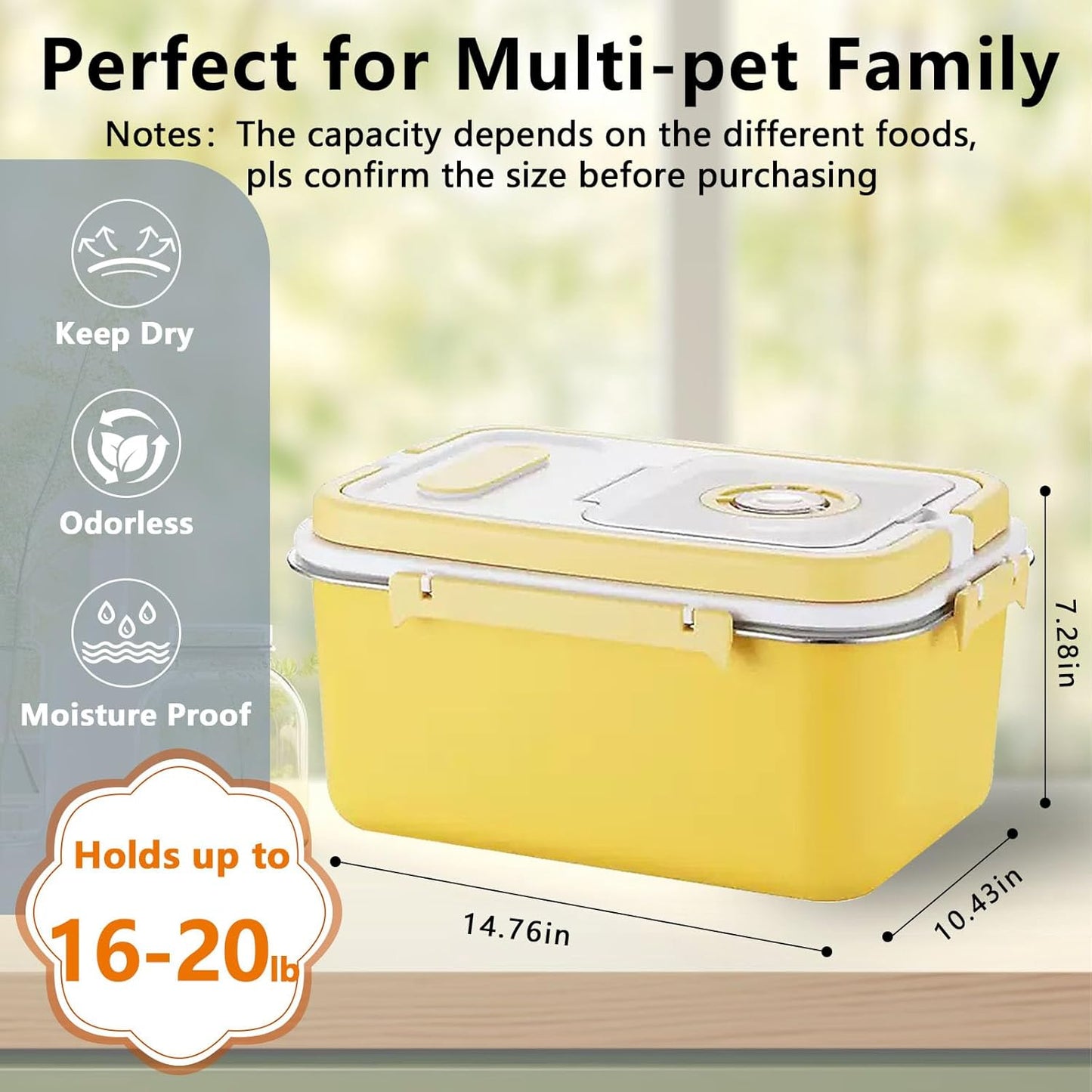Sanbo Dog Food Storage Container Stainless Steel with Scoop, Airtight Pet Metal Food Storage Bin,Cat Food Canister,Storage Box with Date Tracker for Kitchen (Yellow, 10L)