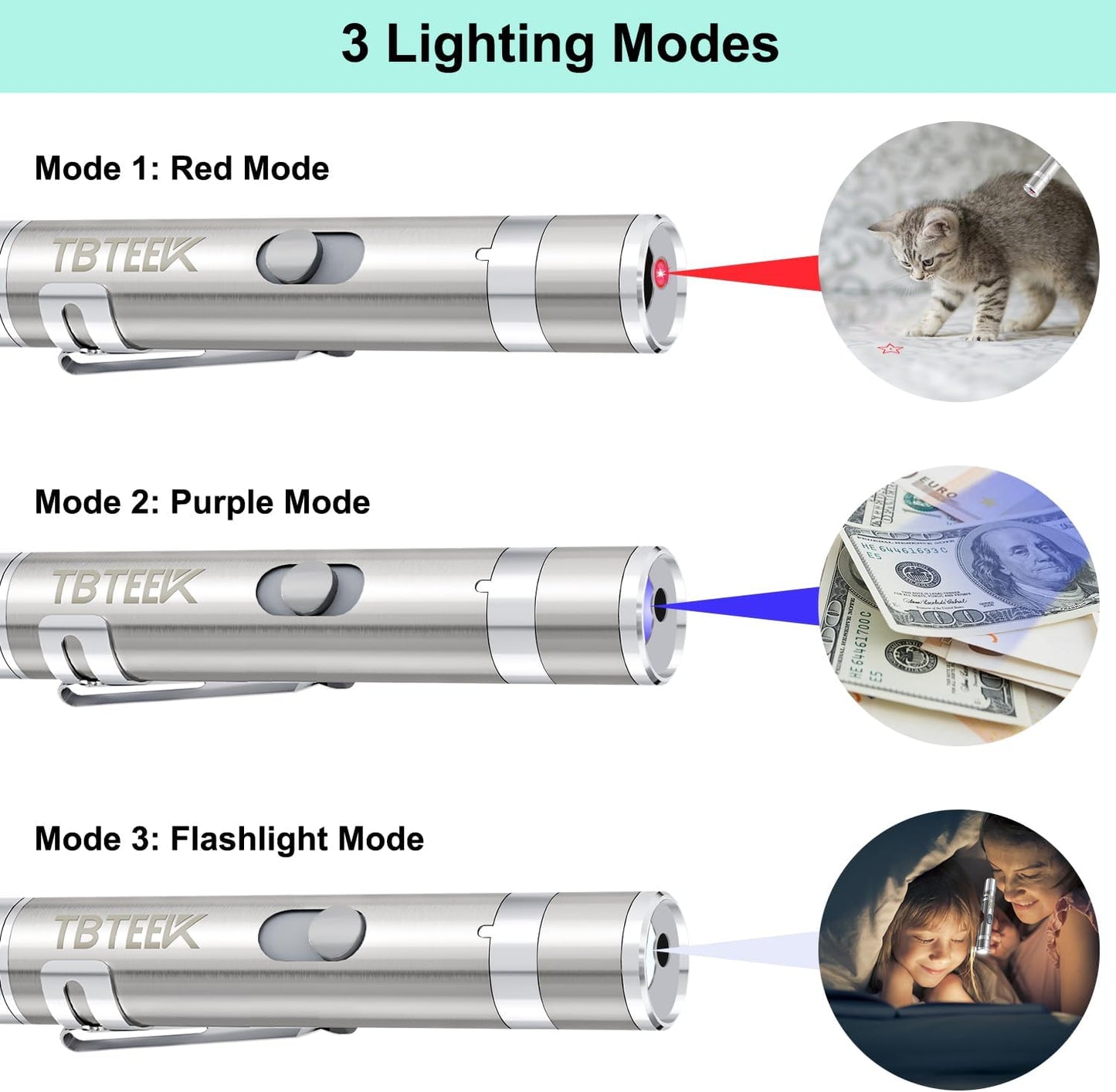 TBTeek Cat Toys, USB Rechargeable Kitten Toy, 3 Light Modes & 5 Adjustable Patterns, Portable Interactive Pet Dog Cat Mouse Toy for Fun Chase Play Exercise