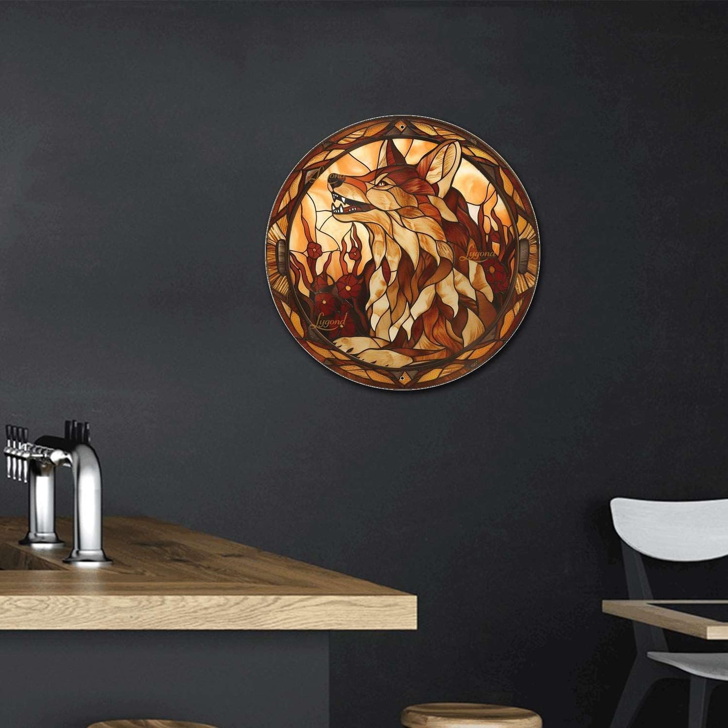 Lygond Metal Sign Tin Sign Circular Stained Glass Coyote Tin Signs Gardening for Bar 8×8 Inches