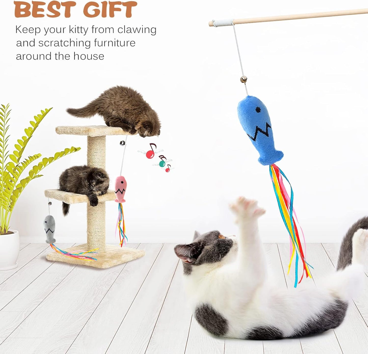 Natural Wood Cat Wand Toy with Ribbon Fish Teaser - 3pcs, 16 Inch, Indoor Cat Exerciser & Playing Kitten Toy, Bonus 5pcs Catnip Sticks for Teeth Cleaning