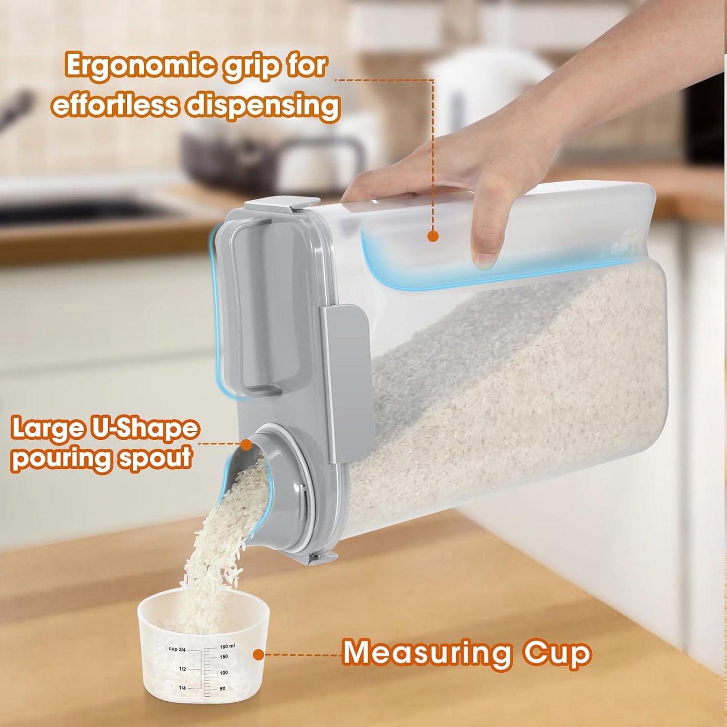 Dog Cat Food Storage Container, 5-7 Lbs Airtight Pet Food Storage Container with Easy-Pouring Spout and Portable Handle, Bird Seed Dispenser, Kitchen Organizer for Rice Cereal Flour -Light Grey