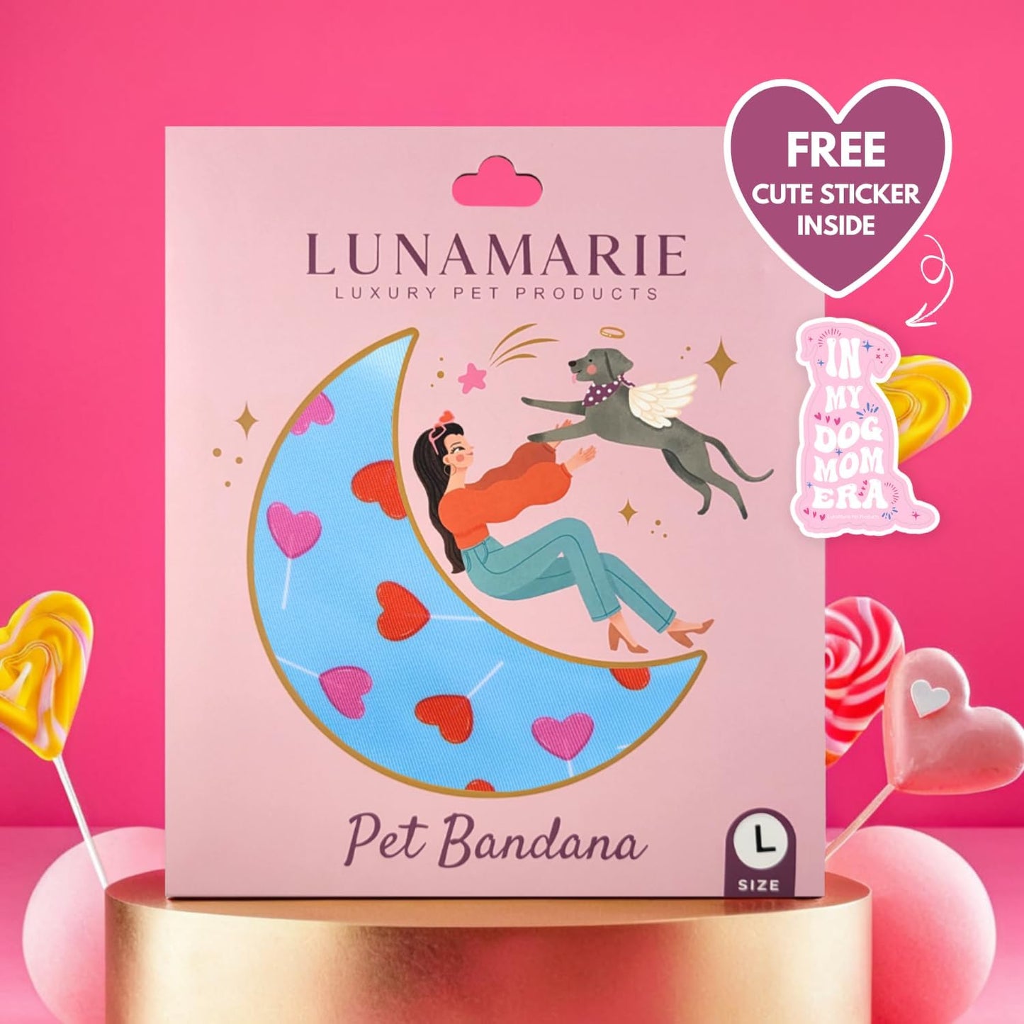 LunaMarie - Luxury Pet Birthday Bandanas -Premium & Silky Poly Fabric | 100% Handmade | Custom Shape Dual Layered (LoviePop, Small)