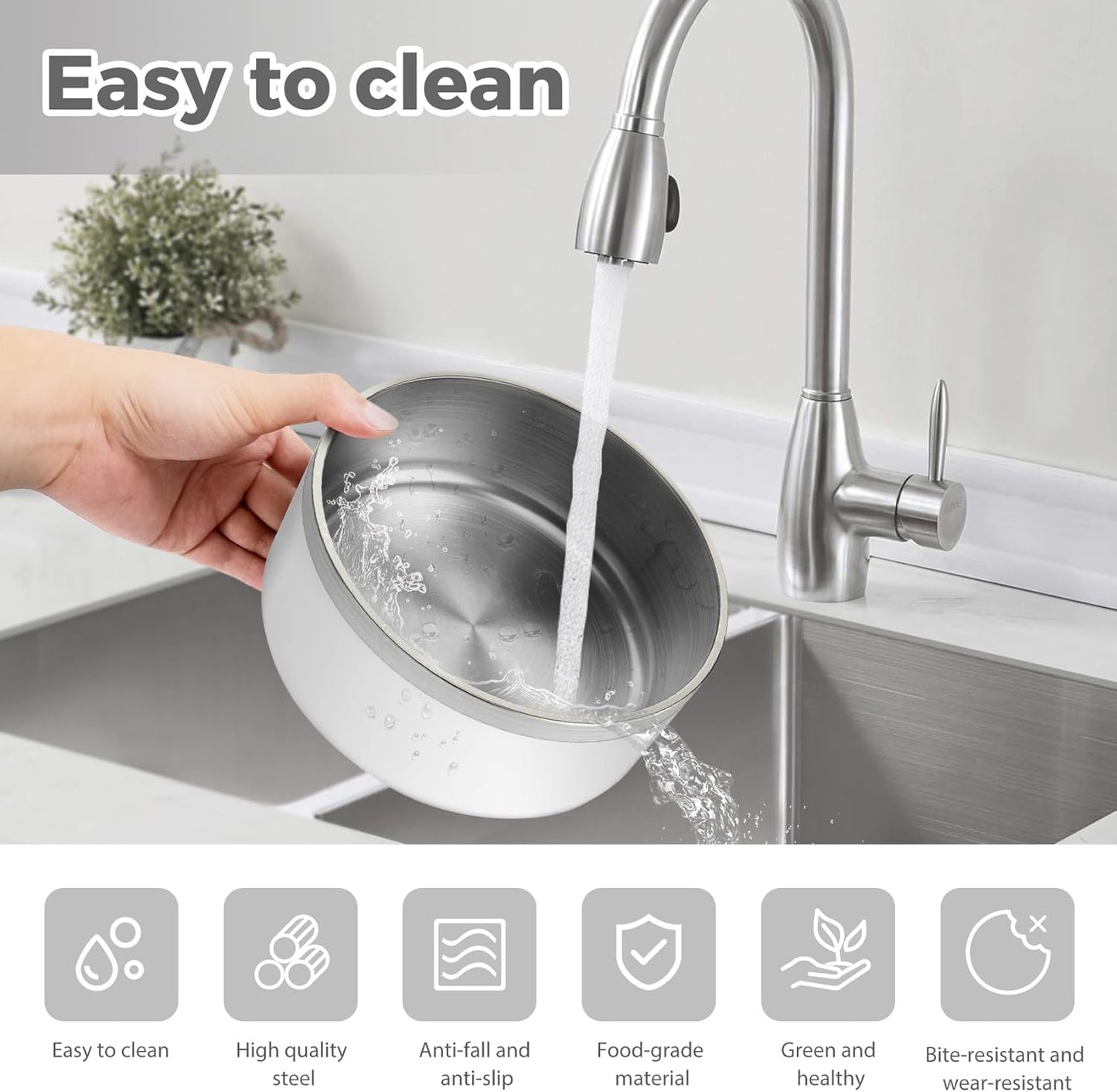 Stainless Steel Dog Bowl, Metal Water and Food Dish for Large Dogs, Insulated Non-Slip Pet Bowl, Easy Clean, 64oz, White