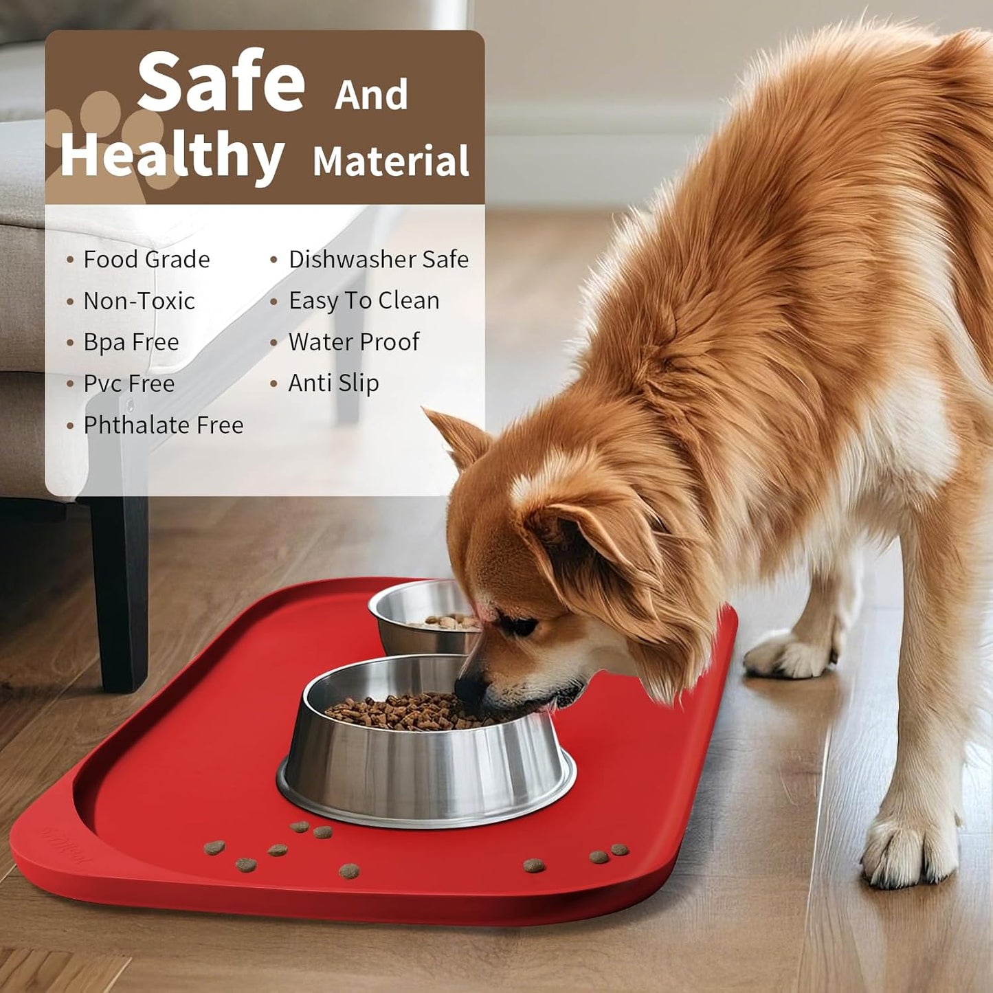 Silicone Pet Feeding Mat with Raised Edge & Residue Collection Pocket for Food and Water, Dog Bowl Mats, Cat Bowls Placemat with High Lip for Floor Waterproof, 24 x 16 x 0.8 Red
