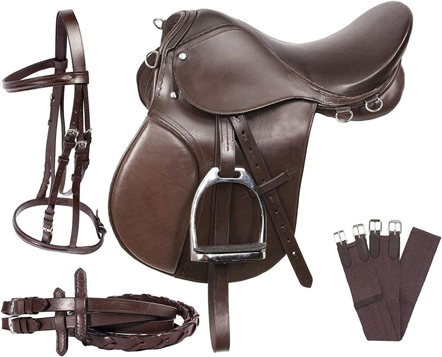 Leather English Riding Horse Saddle Starter Kit Brown Saddle Combo Pack Set of 7 pcs