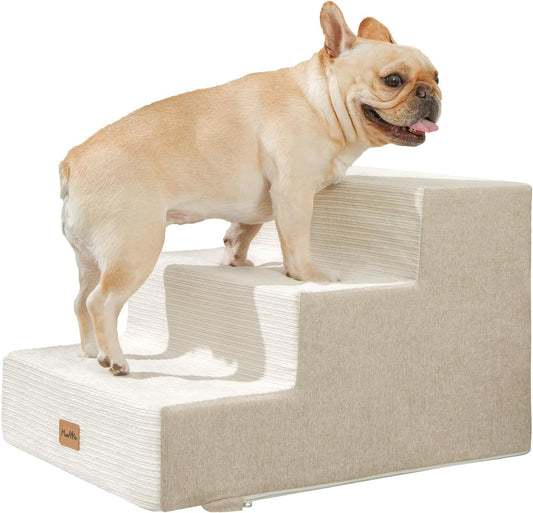 Made4Pets Dog Stairs for Small Dogs, Extra Wide Dog Steps for Bed Couch Sofa and Chair, 35D Foam Pet Steps for Small Dogs and Cats, Non-Slip Bottom Pet Stairs, Beige, 3 Steps