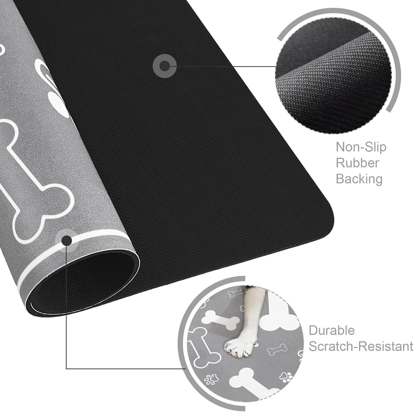 Pet Feeding Mat,Rapid Absorbent Mats for Dog Cat Food, Dog Placemat Water Bowl Mat with Rubber Backing,Messy Drinkers to Protect Floors, Pet Accessories 17"×29" Grey