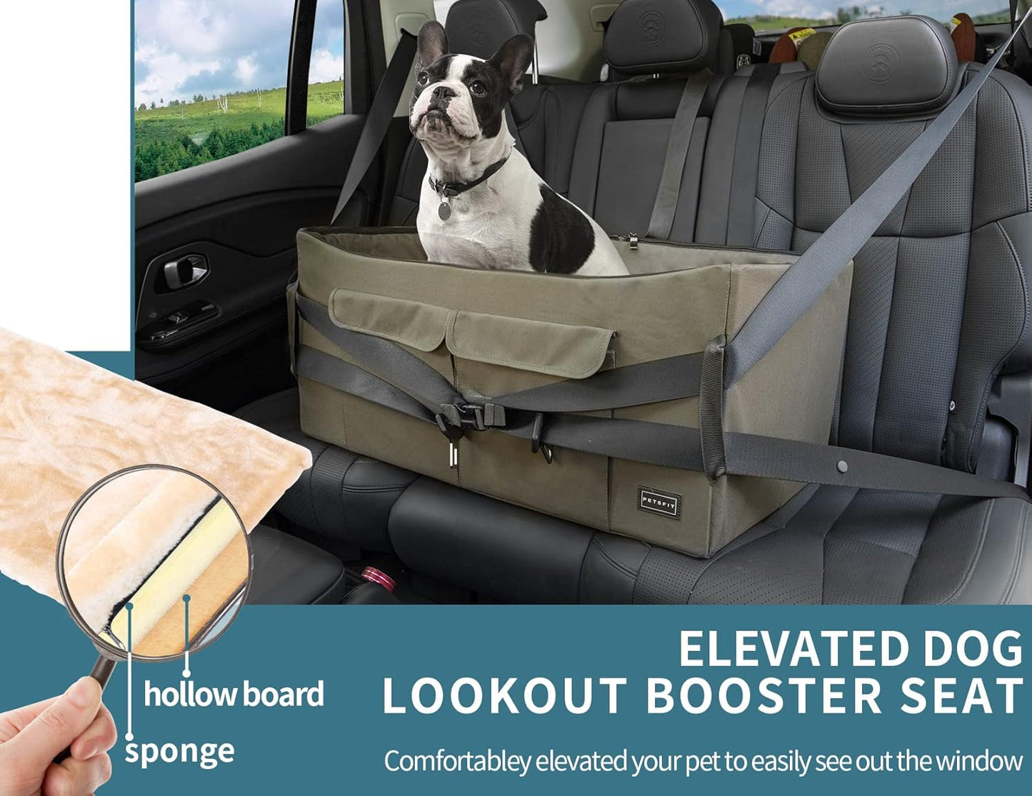 Petsfit Dog Booster Seat for 2 Small Dogs or Medium Dog up to 55 lbs, Large Dog Car Seat with 2 Big Pockets for Cars, Trucks and SUVs (Large, Brown)