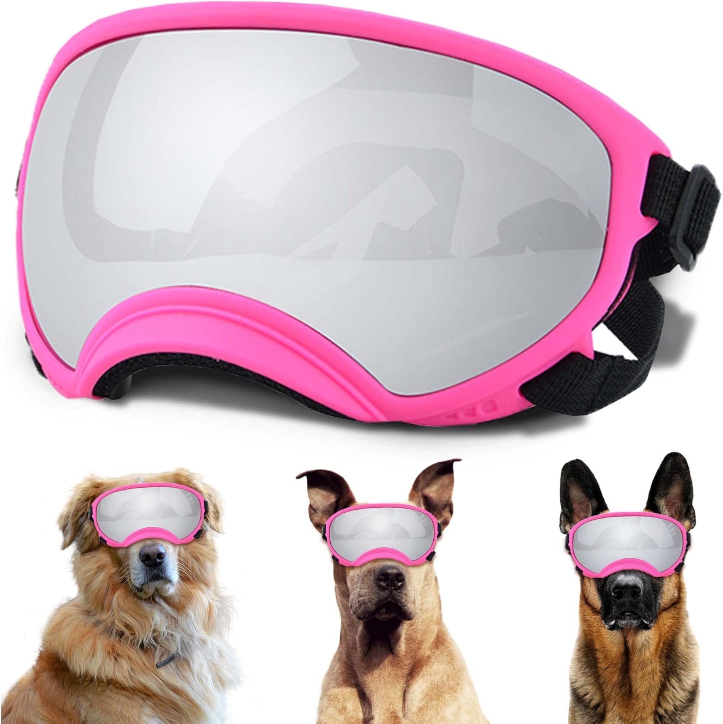 Large Dog Sunglasses with Adjustable Strap UV Protection, Winproof Puppy Sunglasses, Suitable for Medium-Large Pet Glasses, Dogs Eyes Soft Goggles, PinkSilver, (YD-23032706)