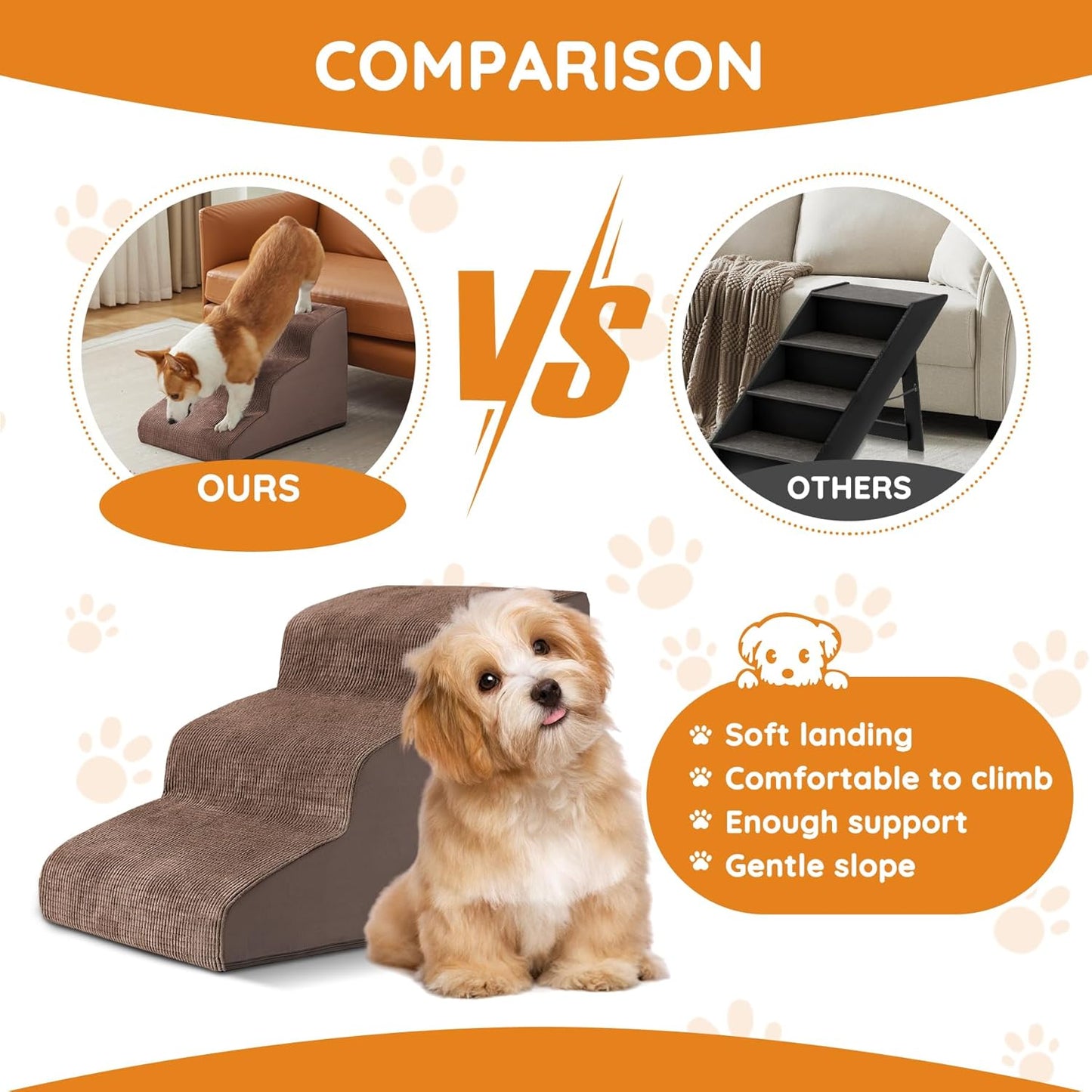 Pet Stairs, Dog Stairs for Small Dogs, Dogs Steps, 5-Step Curved Dog Ramp for Bed, Couch, Sofa, Car and Chair, Non-Slip Bottom Design, Cat Scratching Board, High Density Foam Portable Pet Step, Coffee