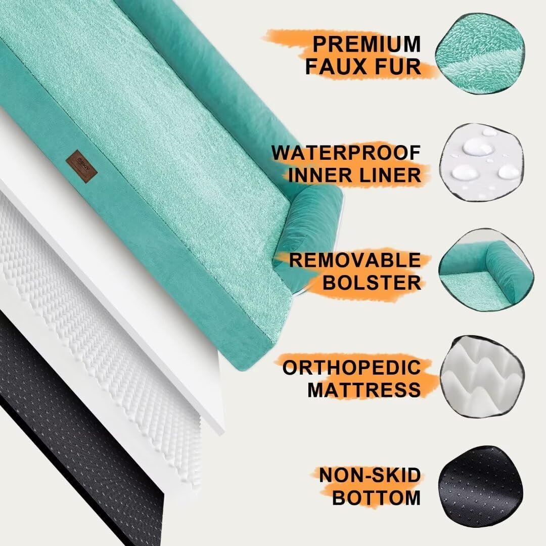 Large Dog Bed Orthopedic Washable, Orthopedic Dogs Bed with Removable Bolsters, Washable Beds for Large Dogs, Waterproof Pet Beds and Non-Slip Bottom, Extra Aqua Blue XXXLarge Dog Sofa