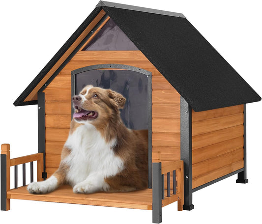 Outdoor Dog House with All-Around Insulated Liner Weatherproof Puppy Shelter Indoor Dog Kennel, Anti-Bite Dog Home for Large Breed with Porch (Brown, Large)