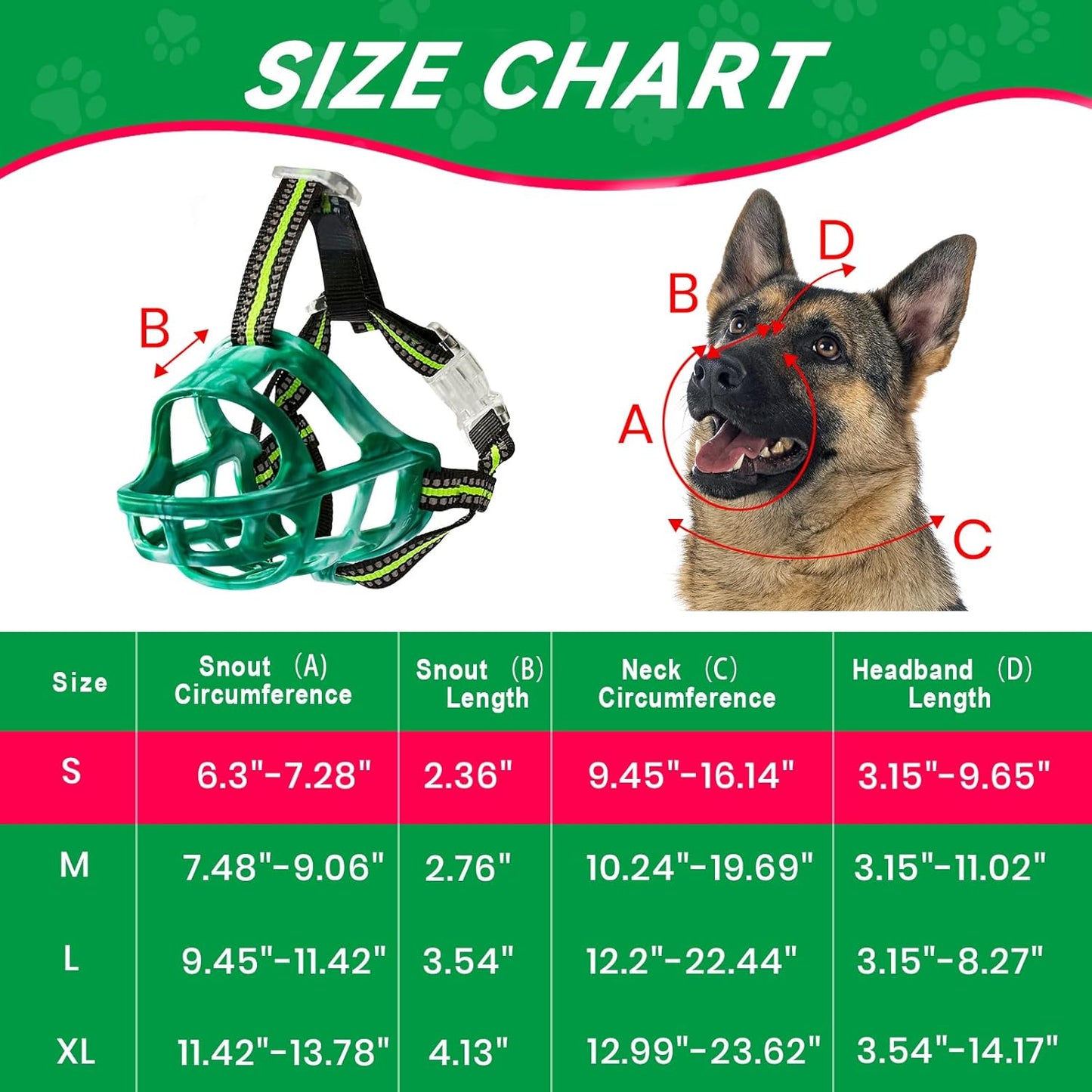 Dog Muzzle, Basket Muzzle for Small Medium Large Dogs, Anti-Biting and Chewing, Lightweight & Sturdy Cage Design, Allows Panting & Drinking, Ideal for Grooming & Training(Green Size S)
