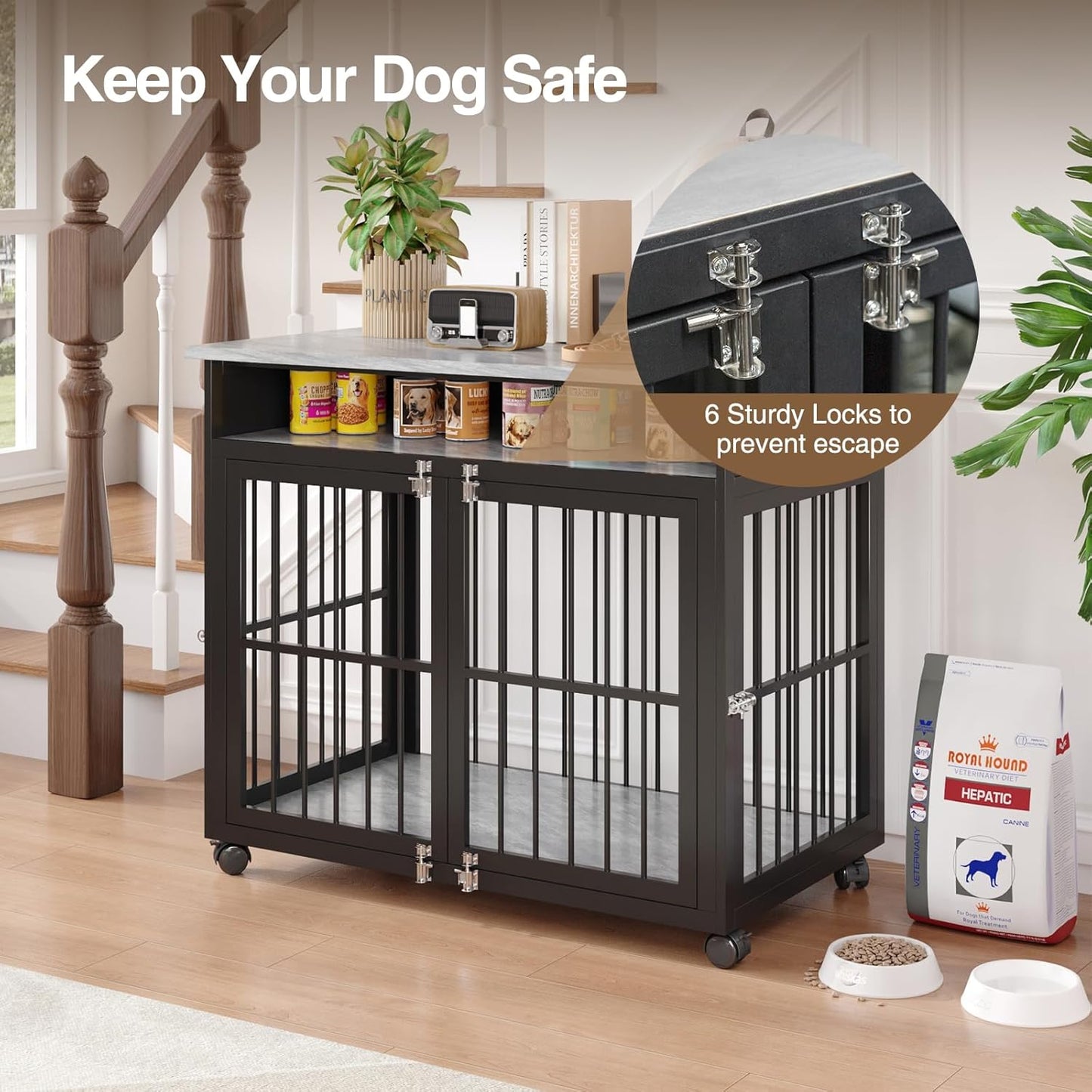 39.4" Dog Crate Furniture for Medium and Large Breed, Dog Kennel Furniture with Storage Shelf & Lockable Wheels, Heavy Duty Wooden End Side Table Pet Cage Indoor, Chew-Resistant, Grey