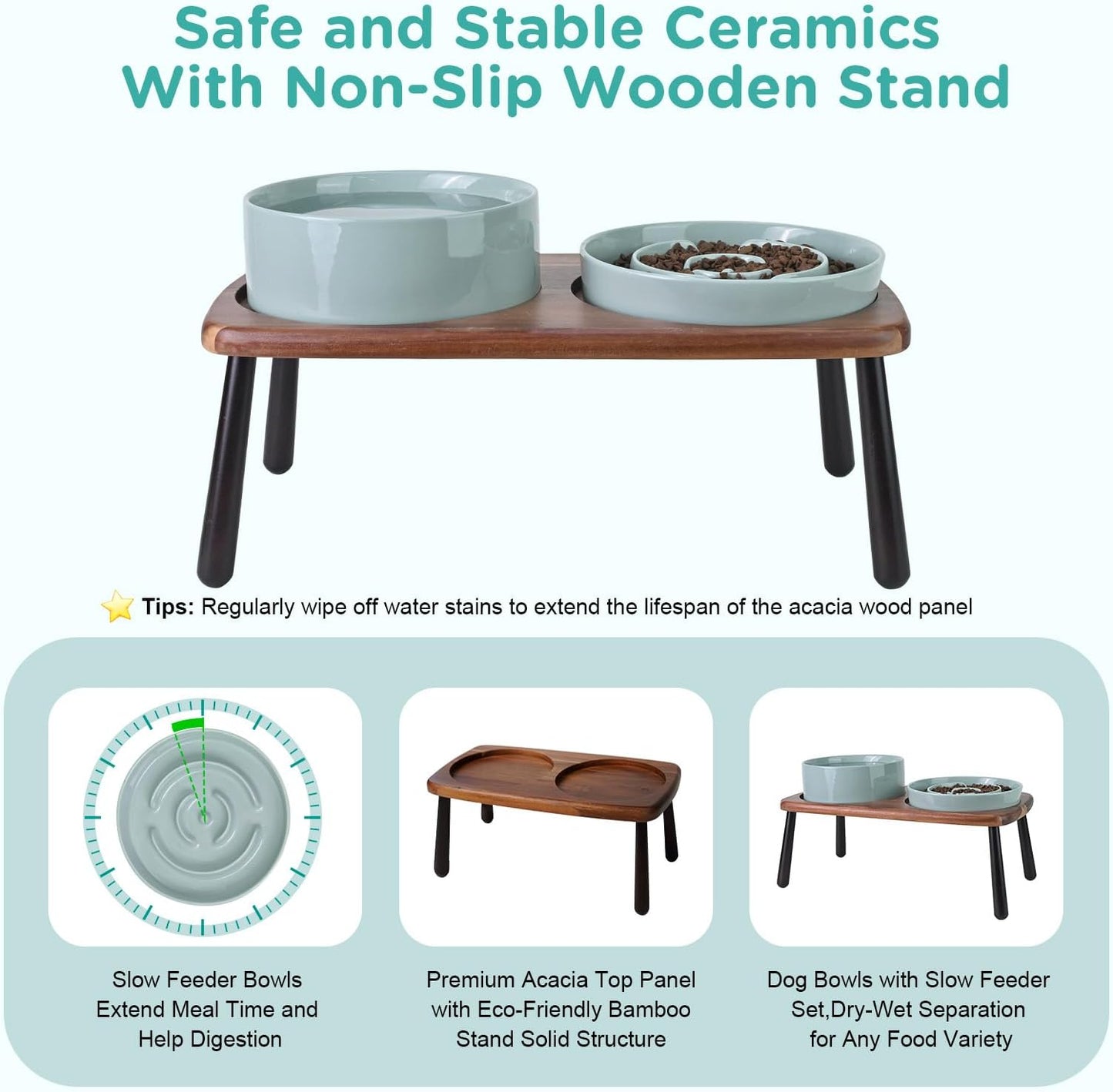 SPUNKYJUNKY Ceramic Elevated Dog Bowls with Slow Feeder Raised Acacia Bamboo Wooden Stand, 8.3'' Dog Food Water Bowls Set Non-Slip for Medium Large Sized Breed Microwave Dishwasher Safe - Light Green