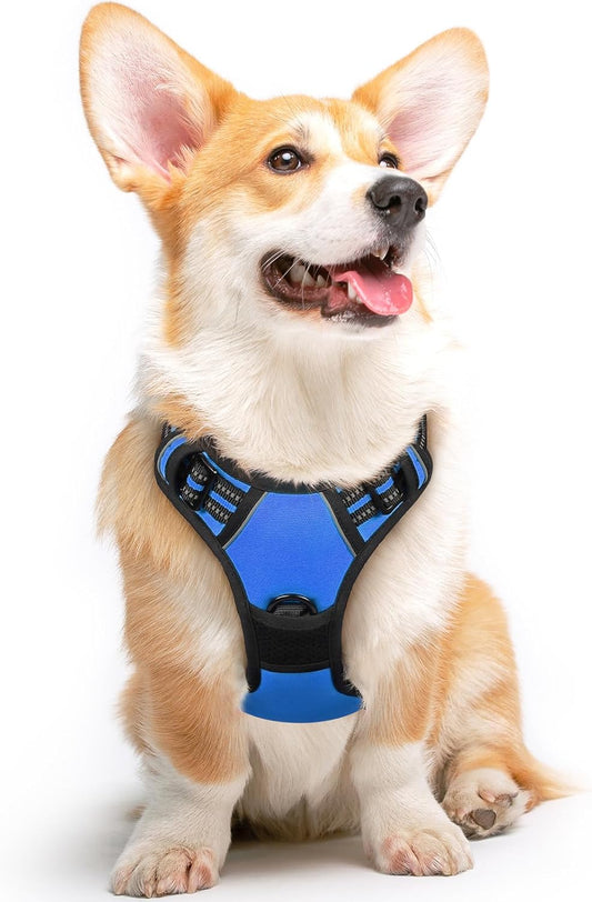 Eagloo Dog Harness Medium Sized Dog, No Pull Service Vest with Reflective Strips and Control Handle, Adjustable and Comfortable for Easy Walking, No Choke Pet Harness with 2 Metal Rings, Blue, M