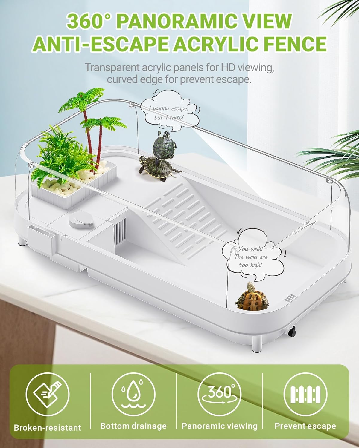 Large Turtle Tank Kit with Lamp and Filter, Acrylic Turtle Tank Starter Kit, Tank Aquarium with Heightened and Curved Fences, Bottom Drainage, Multi-Function Areas