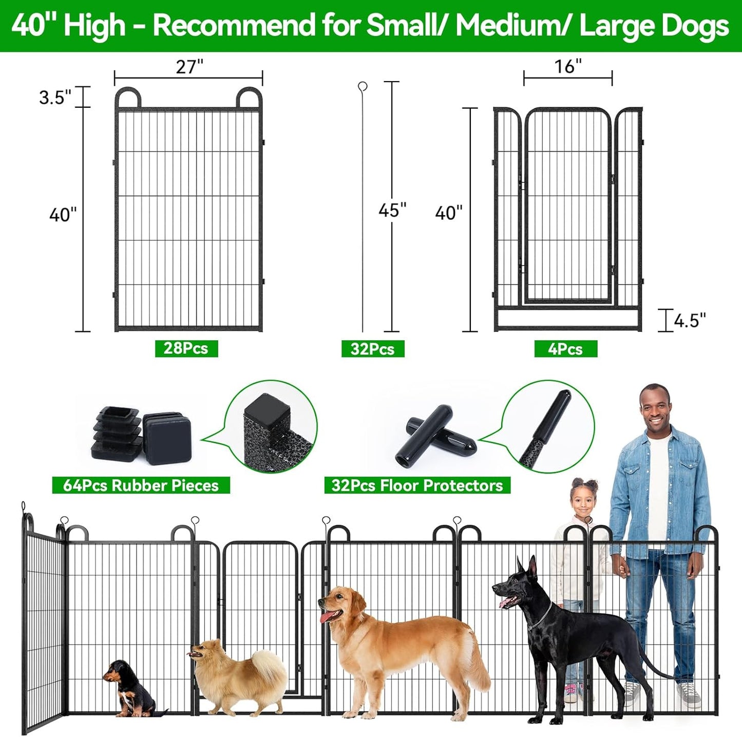 Dog Playpen Outdoor 32 Panels Heavy Duty Dog Fence 40" Height Anti-Rust with Doors Portable for RV Camping Yard, Total 71FT, 406 Sq.ft, Snowy Black