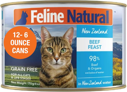 Feline Natural New Zealand Canned Catfood Wet Food, High-Meat, Low-Carb, & Grain Free Cat Food Wet, Beef Feast, 6 oz, Pack of 12