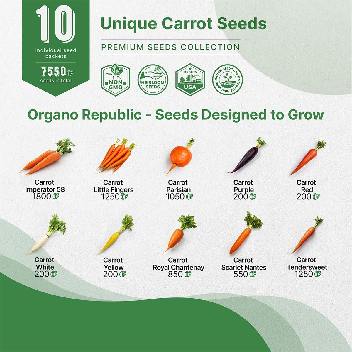 Organo Republic 10 Unique Carrot Seeds Variety Pack - 7,550+ Non-GMO Heirloom Carrot Seeds for Outdoor & Indoor Home Gardening, Including Carrot Imperator 58, Little Fingers, Scarlet Nantes, Parisian