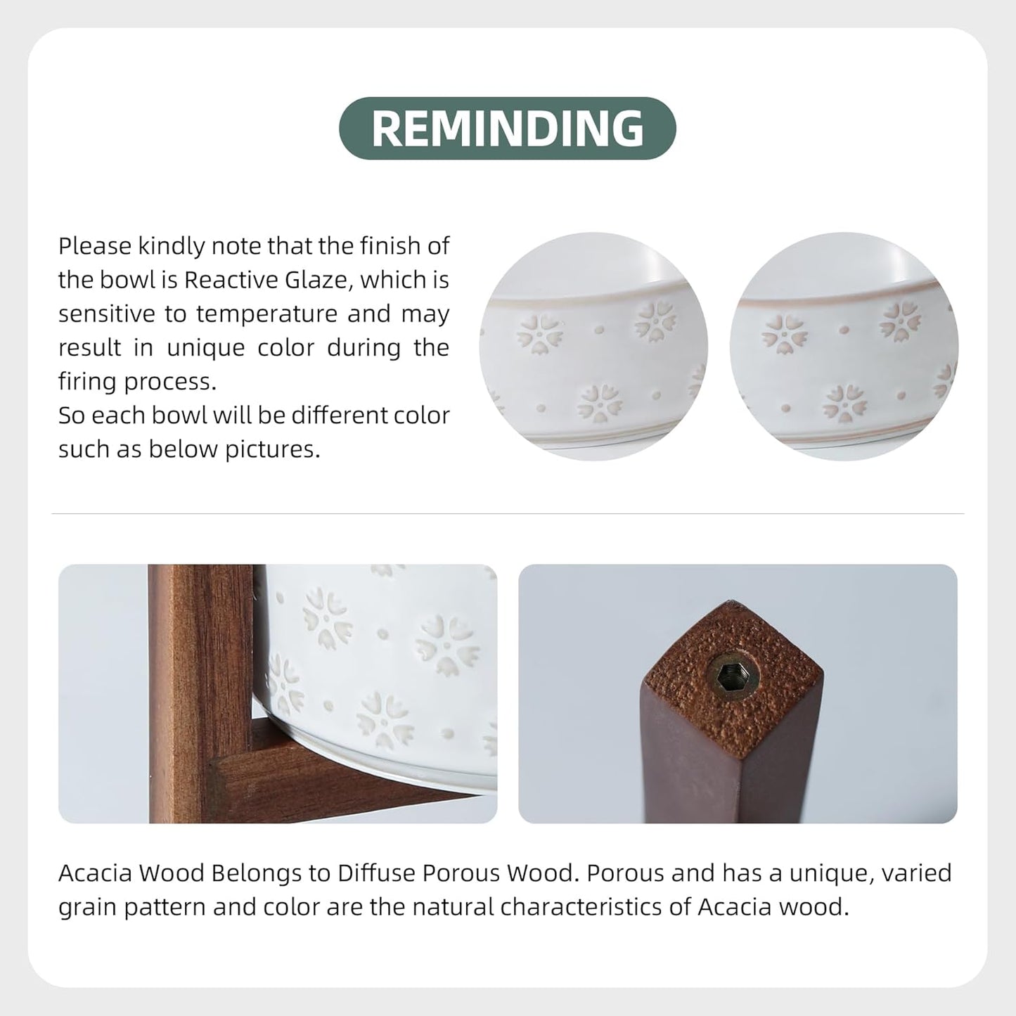 6.1inch Ceramic Raised Double Bowls Set with Acacia Wood Stand, 2 Heights Elevated, Food & Water Bowls for Toy Breed Dogs, Kitty, Cats, Pet Bowl(13.5OZ, Arctic White)