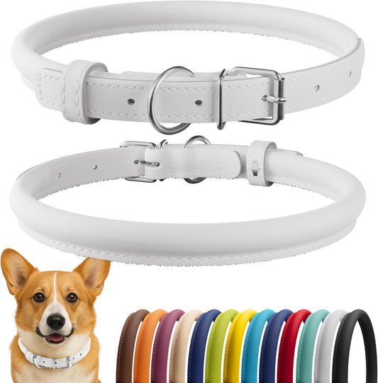 CollarDirect Rolled Leather Dog Collar, Soft Padded Round Puppy Collar, Handmade Genuine Leather Collar Dog Small Large Cat Collars 13 Colors (13-16 Inch, White Smooth)