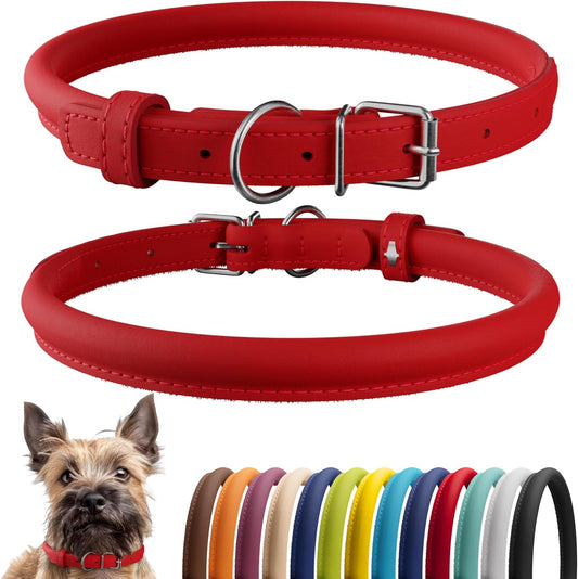CollarDirect Rolled Leather Dog Collar, Soft Padded Round Puppy Collar, Handmade Genuine Leather Collar Dog Small Large Cat Collars 13 Colors (6-7 Inch, Red Smooth)