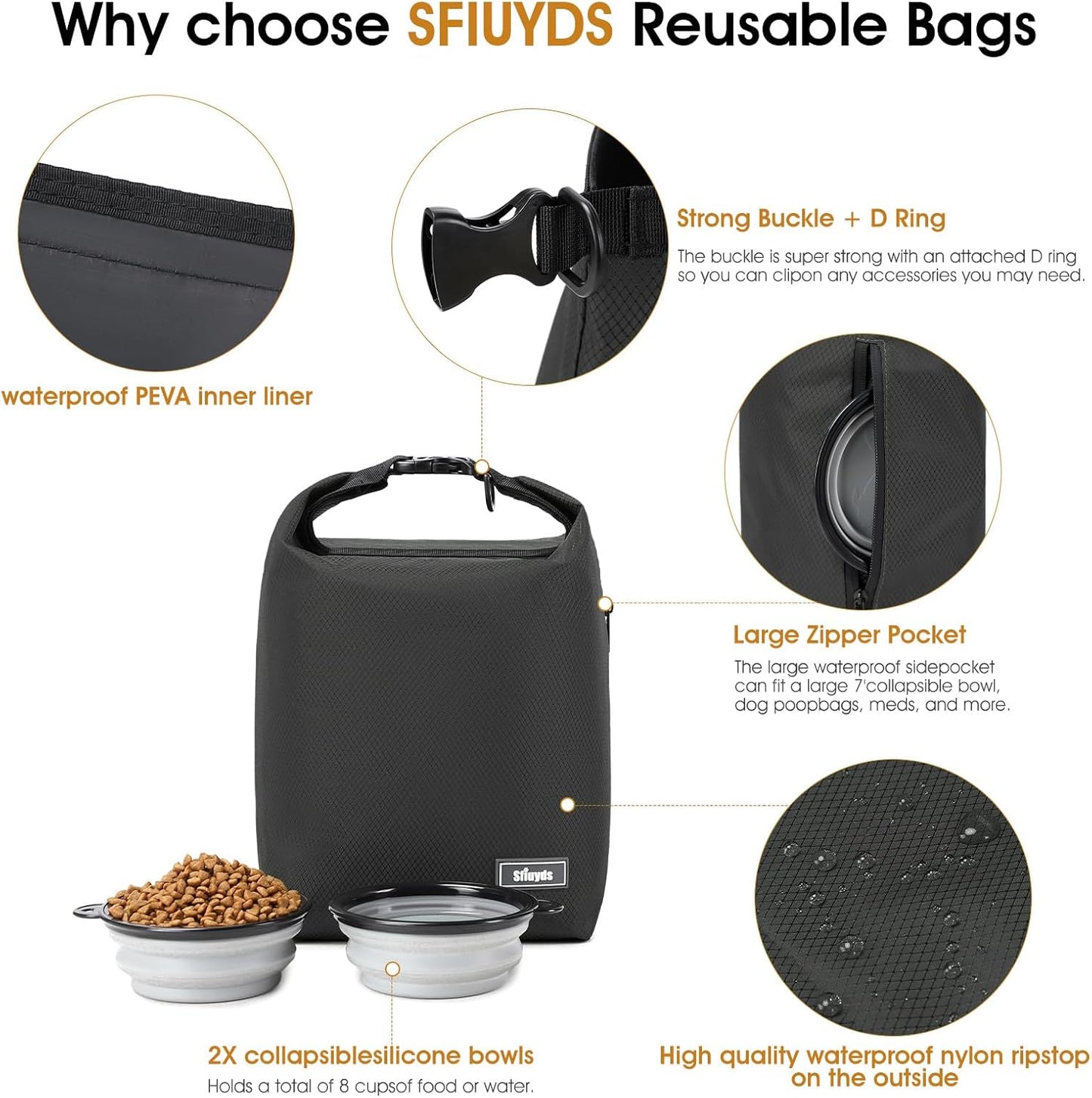 Dog Food Travel Bag,40-Cup Pet Food Storage Containers with 2PCS Collapsible Dog Travel Bowls,Waterproof Kibble Storage Container(Black, Large)