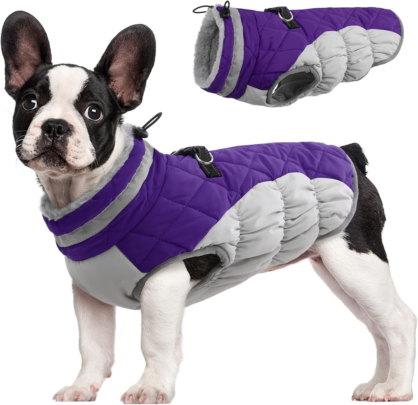 FUAMEY Dog Coat for Small Dogs,Waterproof Dog Winter Jacket with Harness Built in Puppy Cold Weather Coats Reflective Pet Vest with Zipper Warm Fleece Dogs Snowsuit Windproof Purple S
