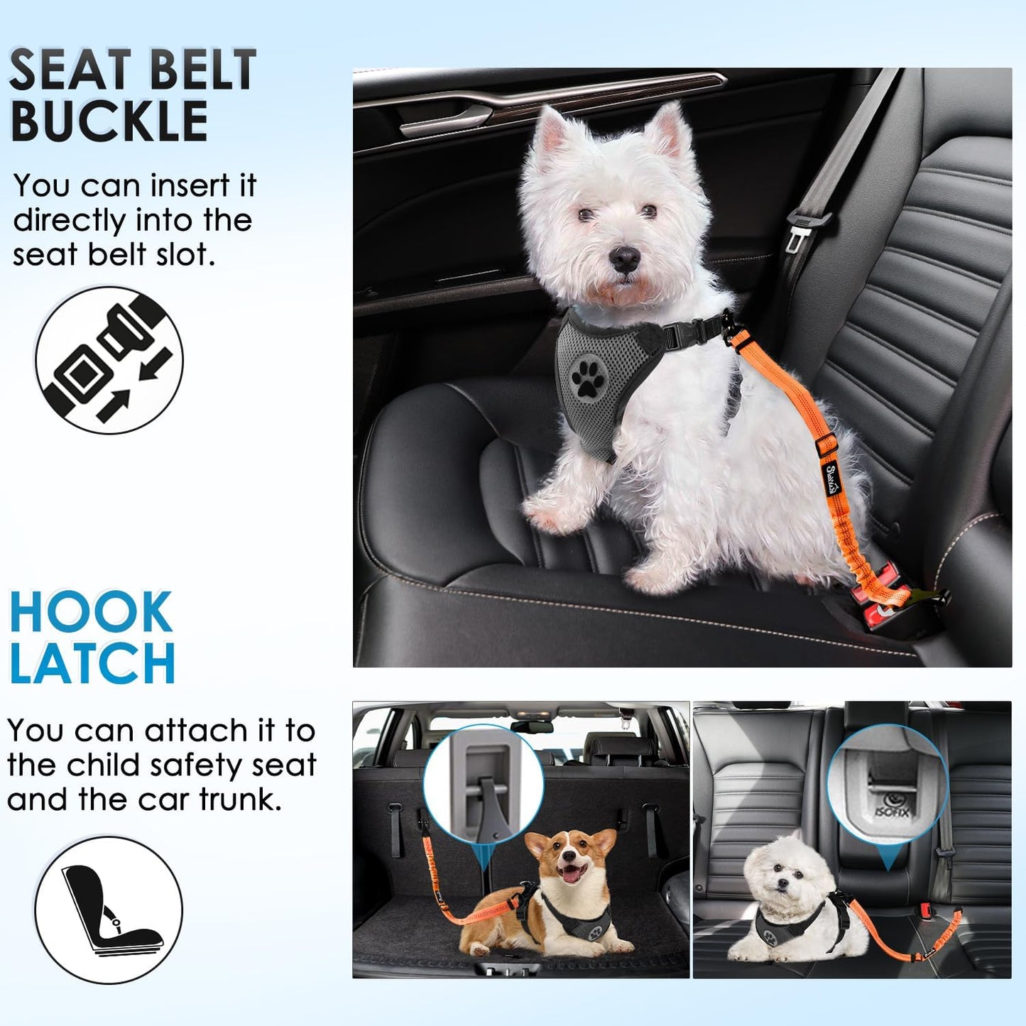 Lukovee Dog Seatbelt Leash for Cars, 2 Pack Pet Safety Car Seat Belt with Adjustable Buckle & Reflective Bungee, Connect Dog Harness in Vehicle Car Dogs Restraint Travel Daily Use (Orange)