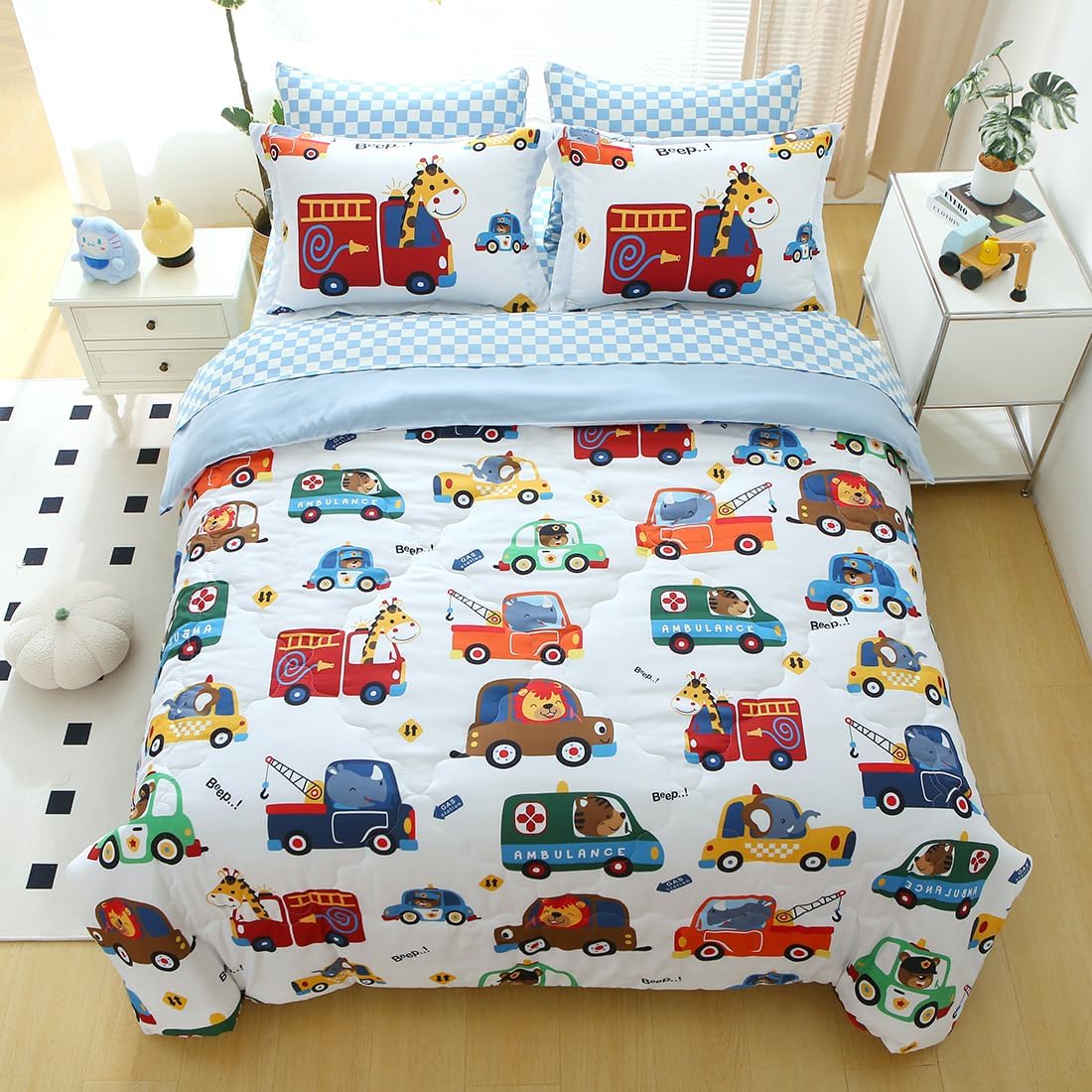 Kids Cars Animal Comforter Set Full Size for Boys Girls Teens 7 Piece Cartoon Construction Fire Truck Excavator Police Ambulance Lion Cat Dog Elephant Bedding Set Bed in A Bag,Colourful