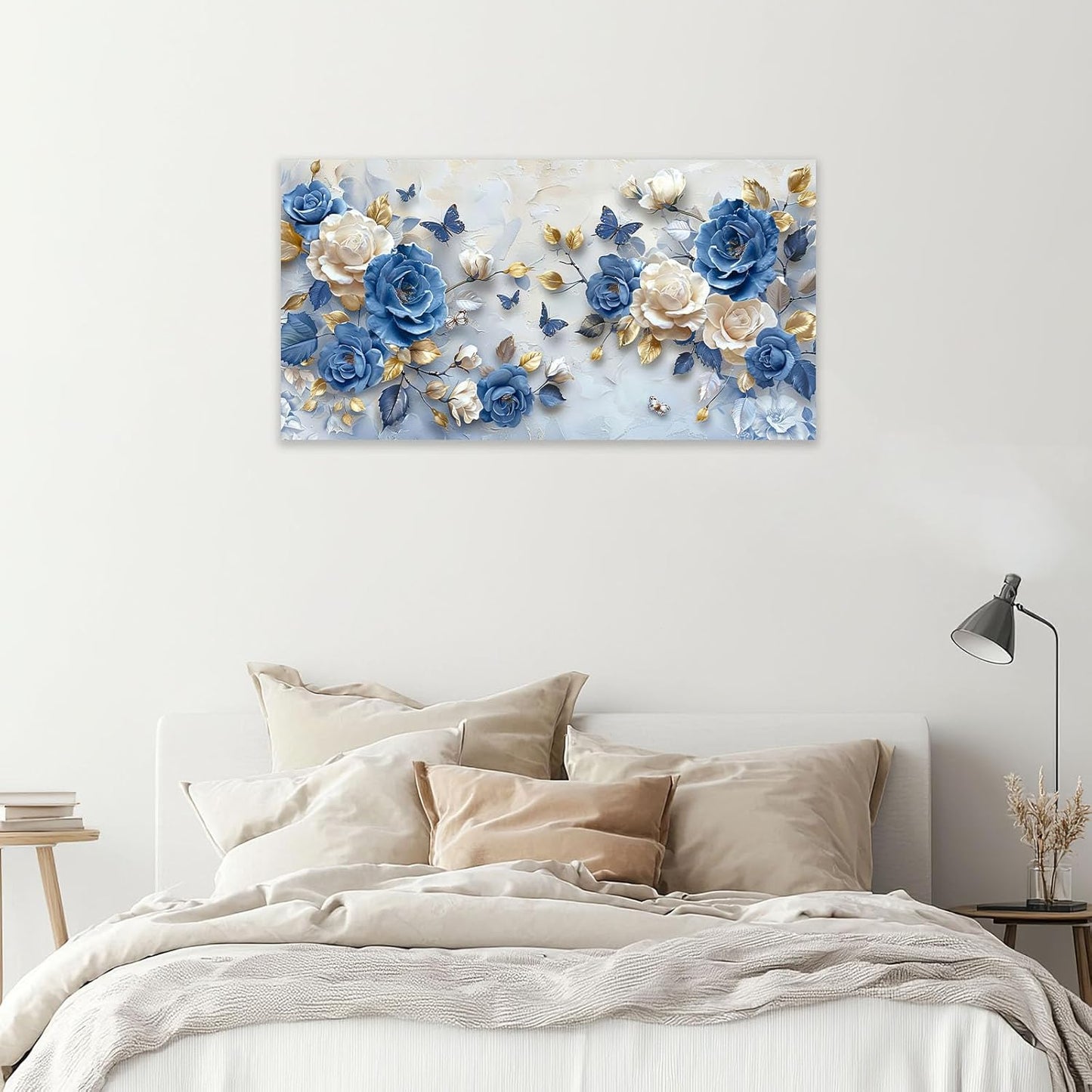 Large Flower Wall Art Canvas Living Room Floral Pictures Framed Prints Oversize Wall Decor Blue Butterfly Painting for Bedroom Dining Office Home 60"x30"