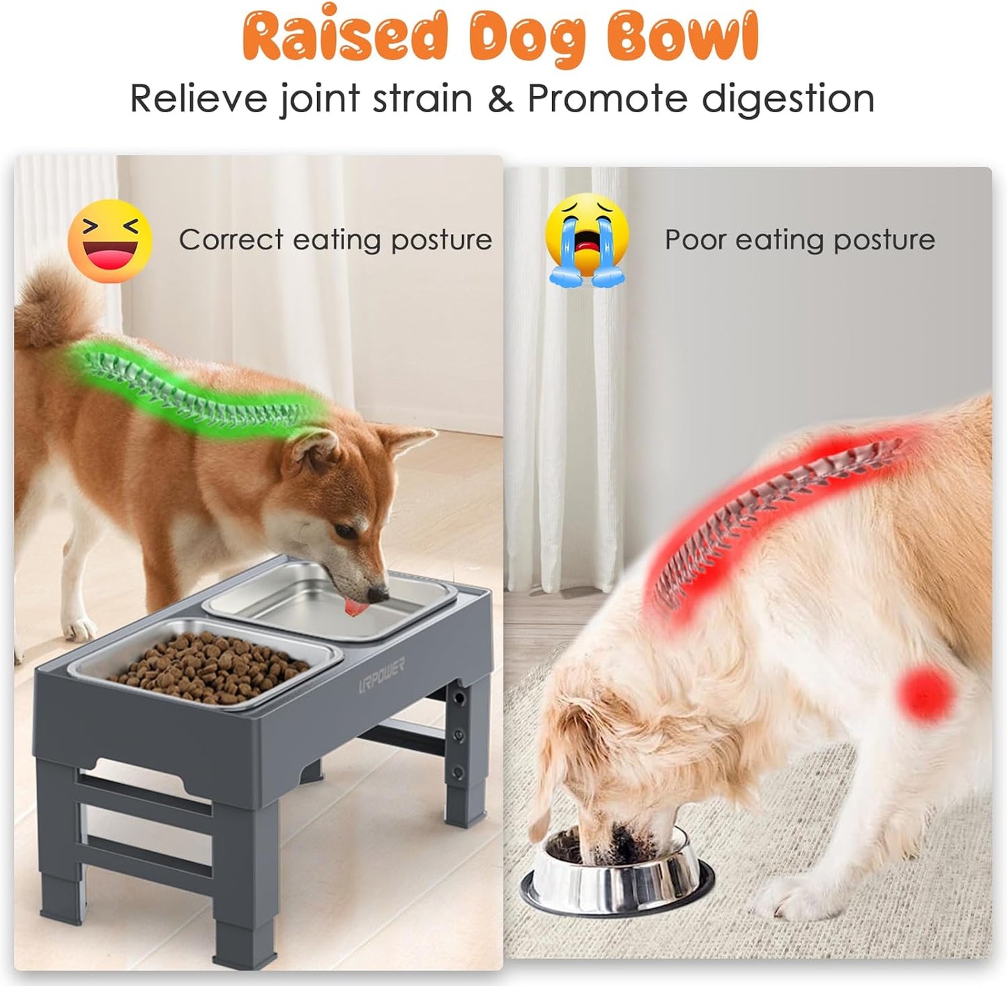 URPOWER Elevated Dog Bowls 4 Height Adjustable Raised Stand with 2 Large Stainless Steel Dog Food and Water Bowl for Small, Medium, Large Dogs and Pets