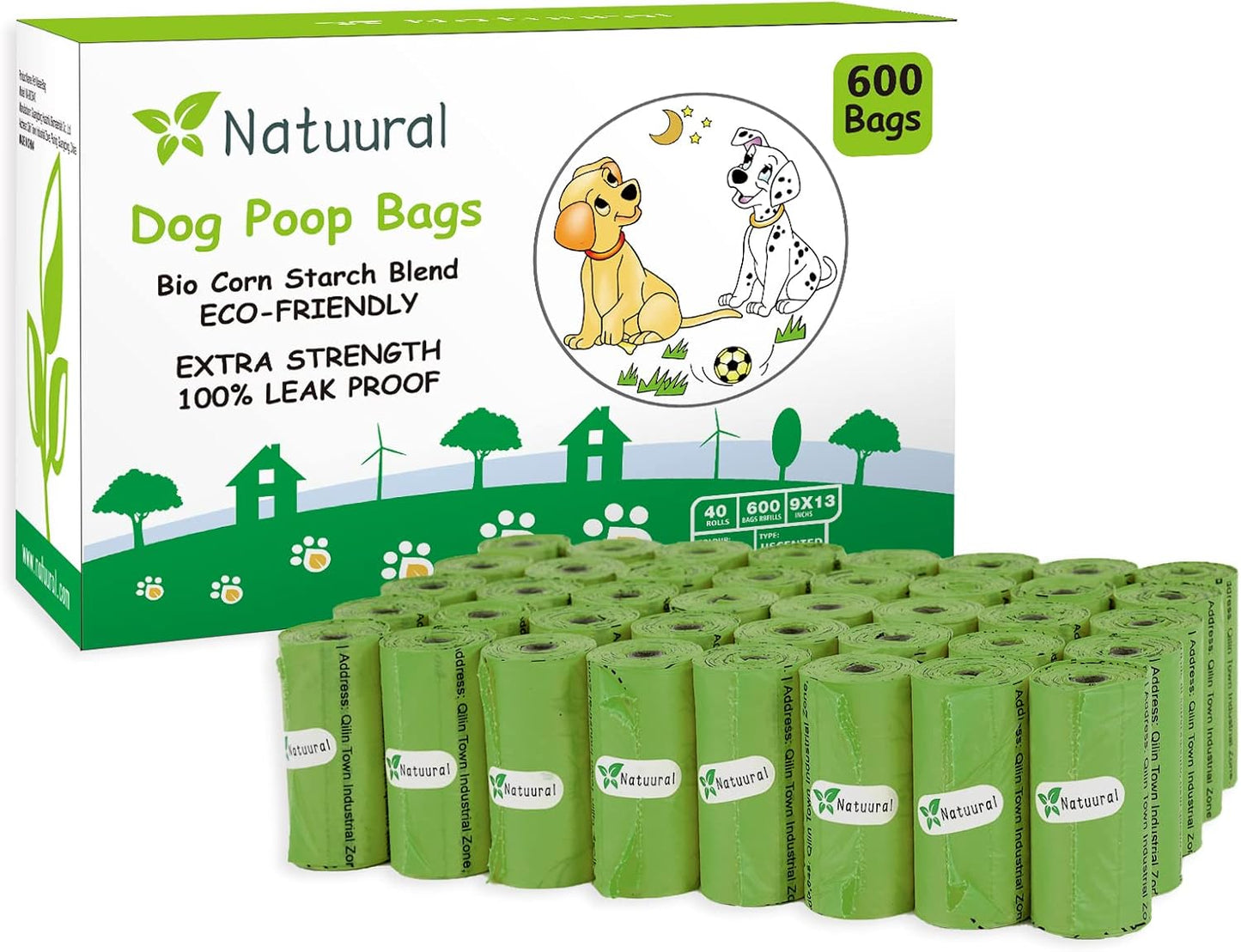 Dog Poop Bags Rolls-600 Counts, 40Rolls, Biodegradable Poop Bags Made of Cornstarch, 100% Leak Proof and Easy to Open (Green)
