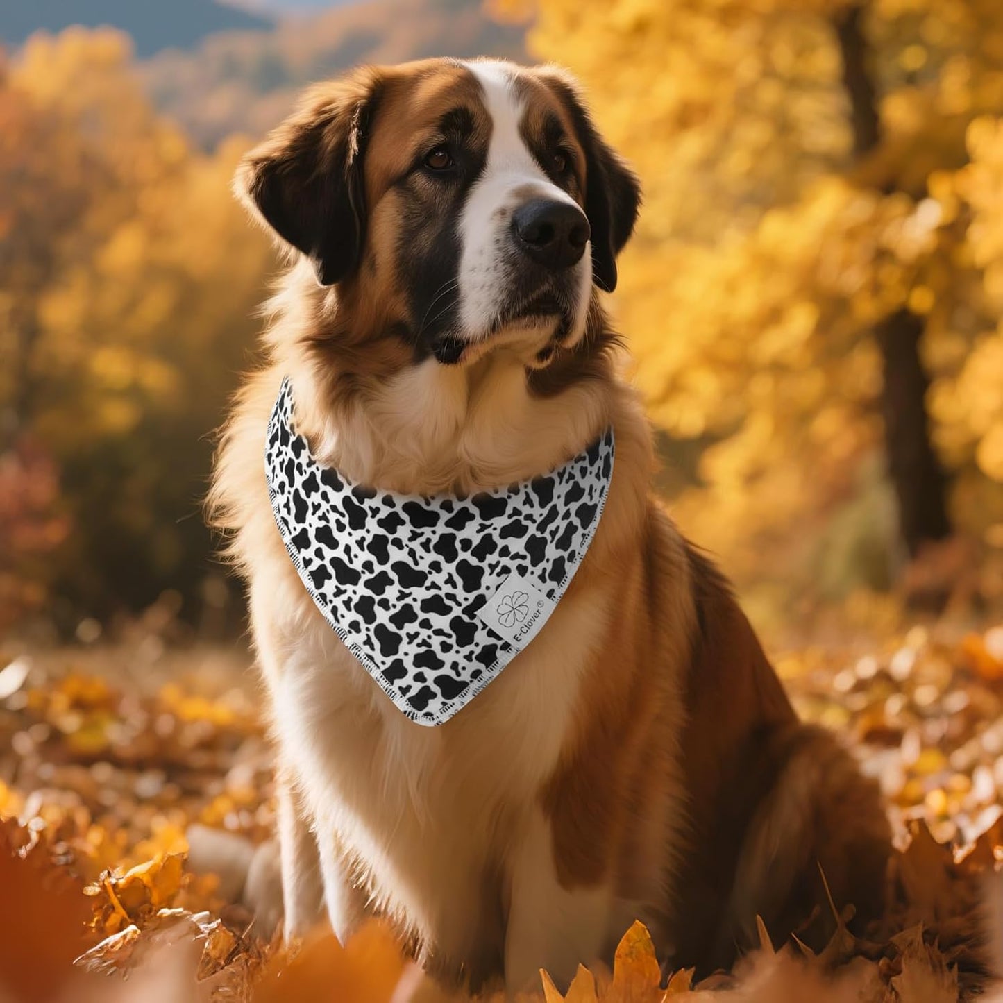 E-Clover Cow Print Dog Bandanas & Matching Scrunchie Set Fall Cowboys Theme Dog Scarf Bibs Pet Bandana with Bow Tie for Medium Large Dogs Owner Mom Black White