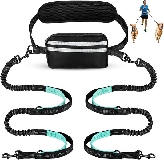 Hands Free Dog Leash with Pouch, Double Leash for Two Dogs, Retractable Bungee with Double Padded Handles, Waist Leash for Dog Walking, Running Leash for Dogs, Dog Walking Accessories