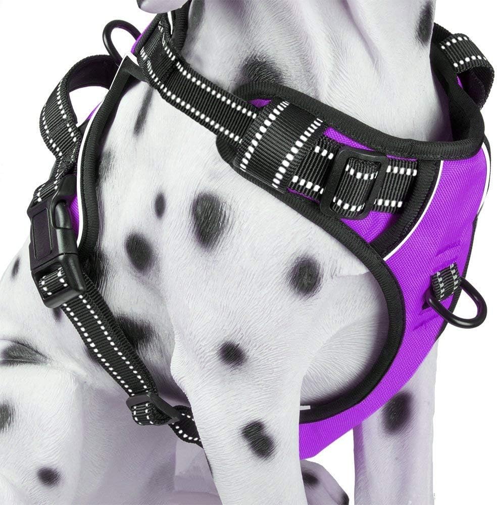 PoyPet No Pull Dog Harness, Reflective Comfortable Vest Harness with Front & Back 2 Leash Attachments and Easy Control Handle Adjustable Soft Padded Pet Vest for Small to Large Dogs (Purple,XS)