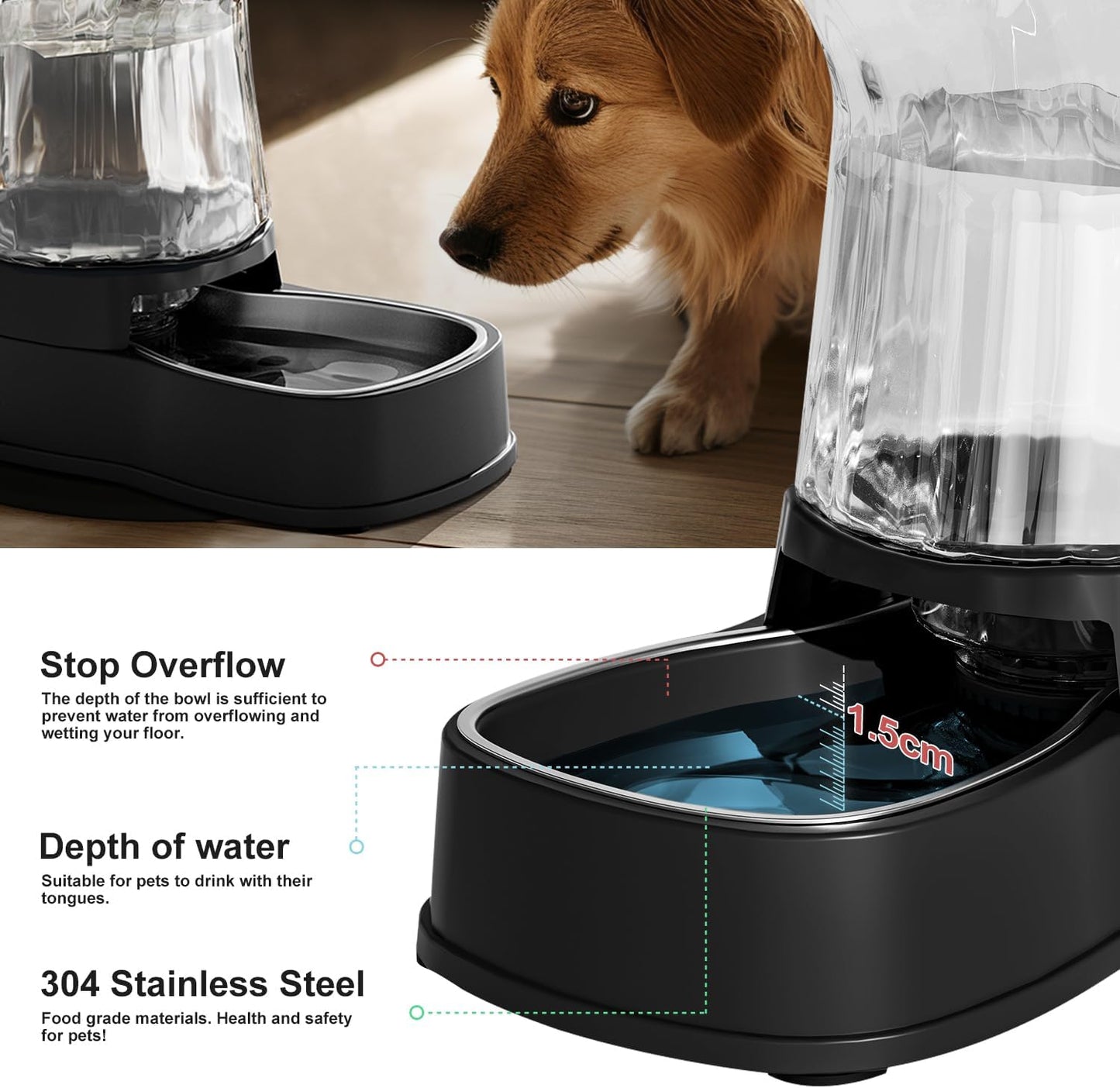Gardner Pet Automatic Dog Water Dispenser Gravity Stainless Steel Water Waterer Feeder, Large Capacity Water Feeding Bowls for Medium & Large-Sized Dogs Cats Other Pets -(2.1 Gallon)