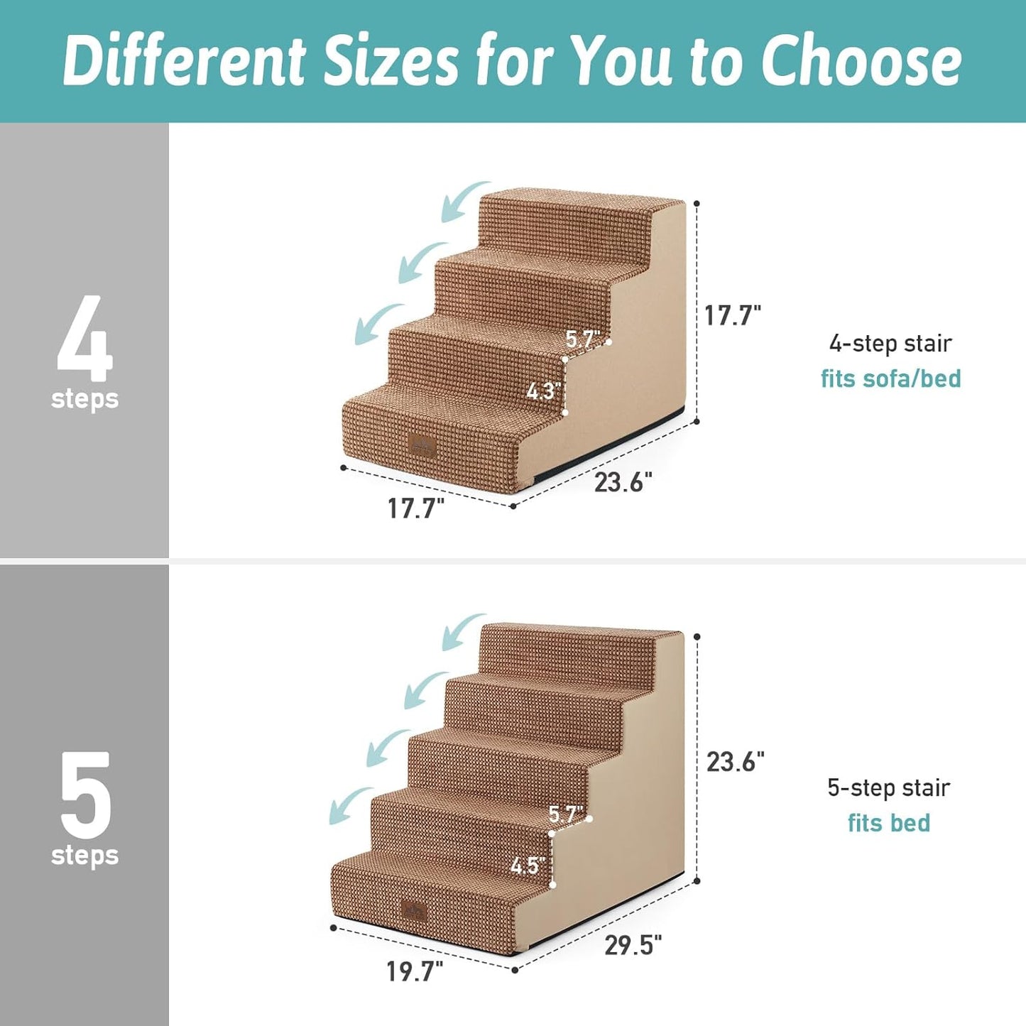 Dog Stairs for Small Dogs, 5 Tier Wider Pet Stairs for High Beds, 23.6" H Non-Slip Dog Steps for Old Cats, Puppies, Small Medium Dogs, 29.5x19.7x23.6 inch, Light Brown