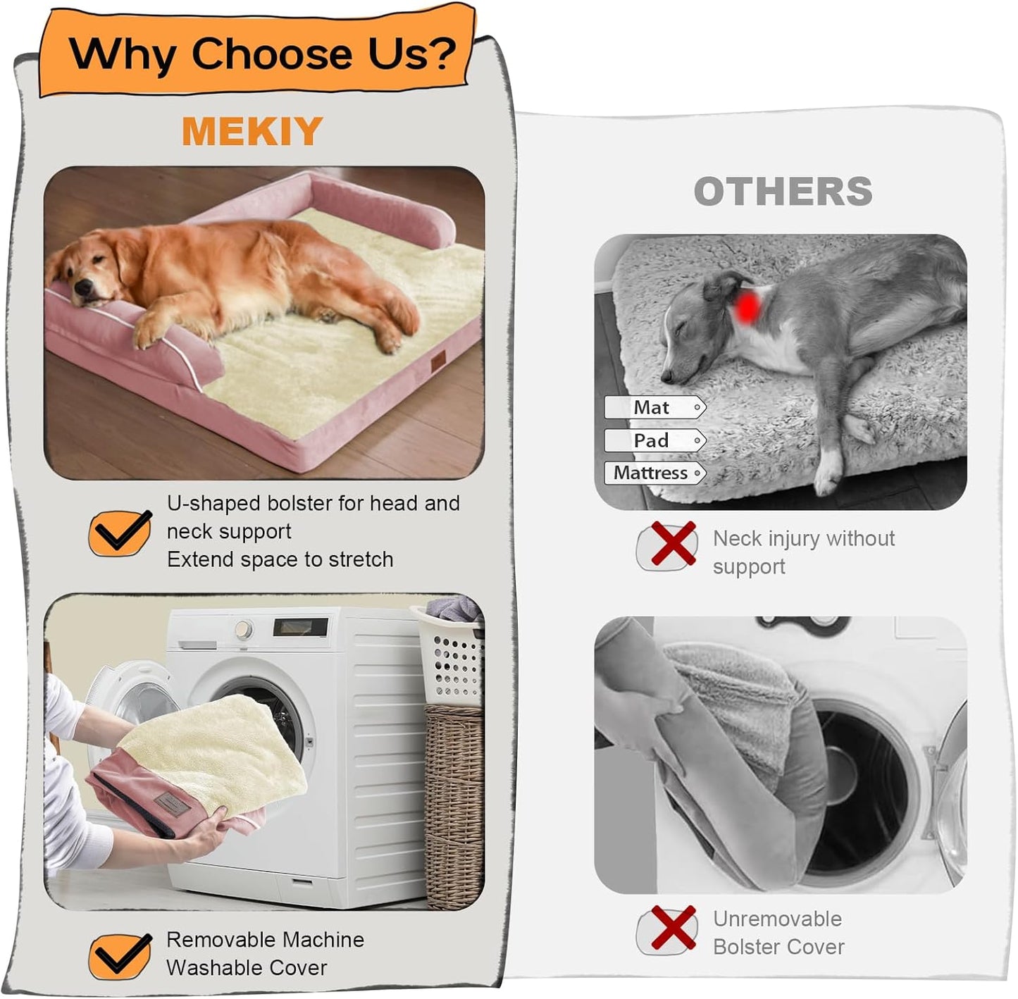 Orthopedic Washable Large Dog Bed, Pink Dog Beds with Removable Cover, Large XXXL Pet Dogs with Bolster, Washable Dogs Beds Sofa with Orthopedic Egg Foam for Medium Large Pet