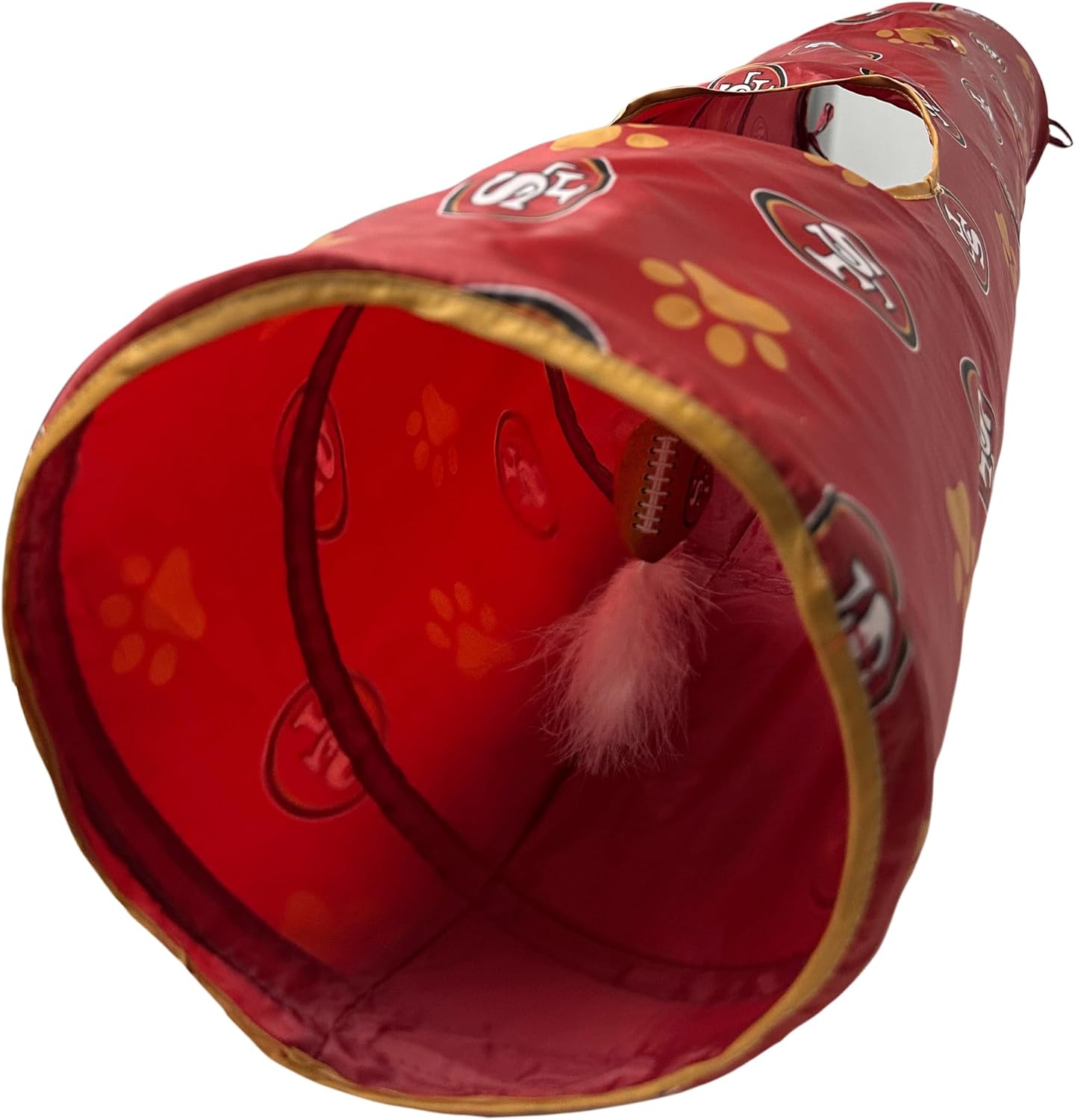 NFL San Francisco 49ers Cat Tunnel Tube Toy with Plush Football Catnip and Feathers Collapsible Tunnel for Cats to Play, Peek and Hide, Sporty & Fun Cat Tunnel Toy with Team Logo All-Over Design!