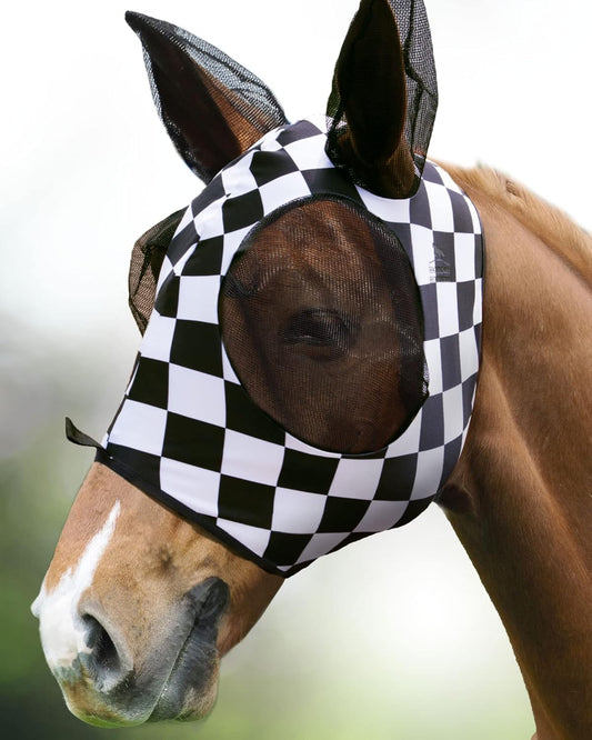 Harrison Howard Super Comfort Stretchy Fly Mask Large Eye Space with UV Protection Soft on Skin with Breathability Checker Board S