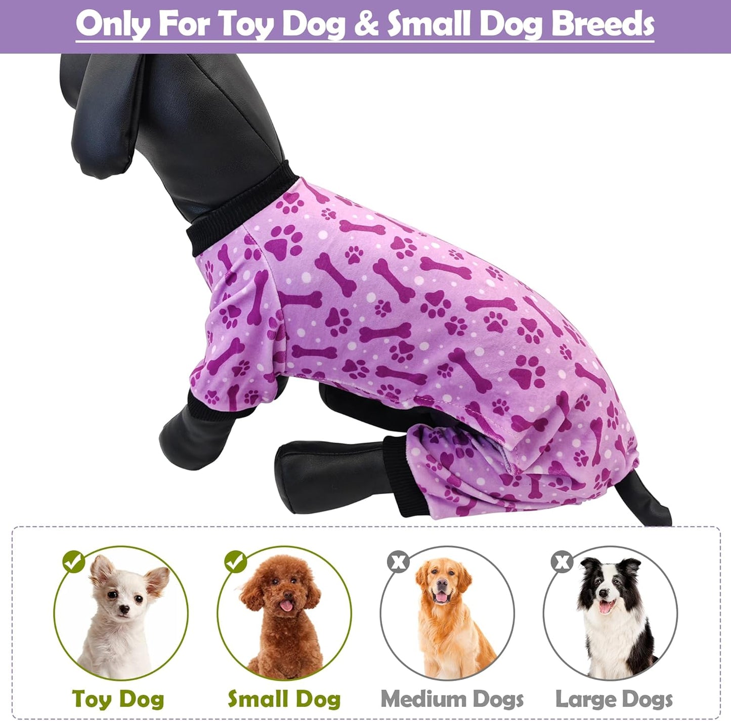PET SHOW 4 Pack Small Dog Pajamas Paw Bone Patterns Cute Clothes for Medium Dogs Soft Fleece Stretchy PJs 4 Legged Jumpsuit Puppy Cats Onesies Outfits with Sleeve Dachshund Doggies Girl Boy (XX-Large)