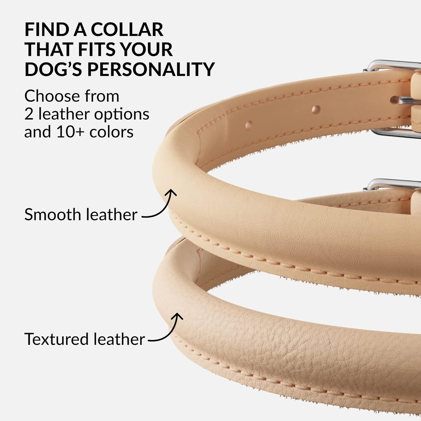 CollarDirect Rolled Leather Dog Collar, Soft Padded Round Puppy Collar, Handmade Genuine Leather Collar Dog Small Large Cat Collars 13 Colors (6-7 Inch, Beige Smooth)