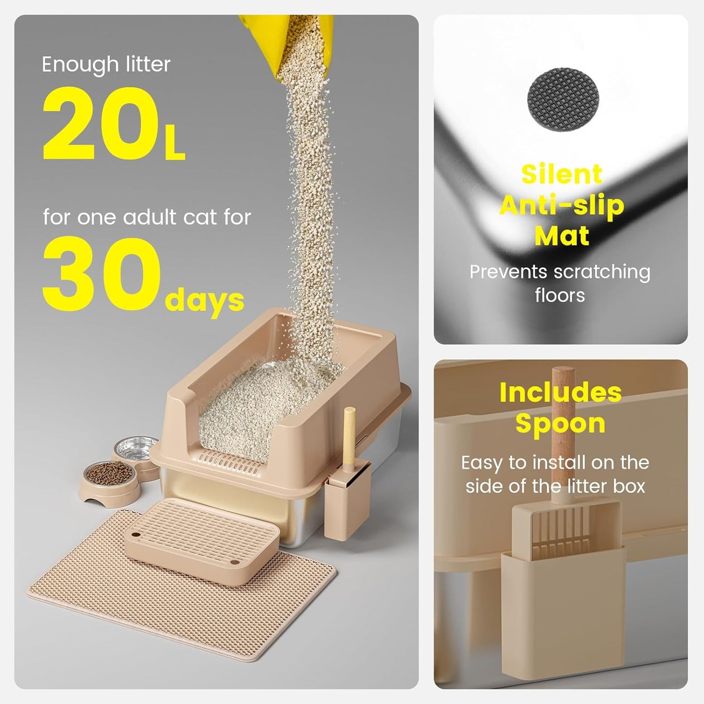 Stainless Steel Cat Litter Box - Enclosed XL Metal Kitty Litter Box with Lid for Big Cats, High Sided, Anti-Leakage, Easy Cleaning, Non-Sticky, Included Spoon & Aisle (Khaki)