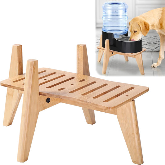 Dog Water Bowl Dispenser Stand - Compatible with Automatic and Gravity Water/Food Dispensers - Adjustable Width, Holds Various Sizes [See Photos for Measurements] - Bamboo