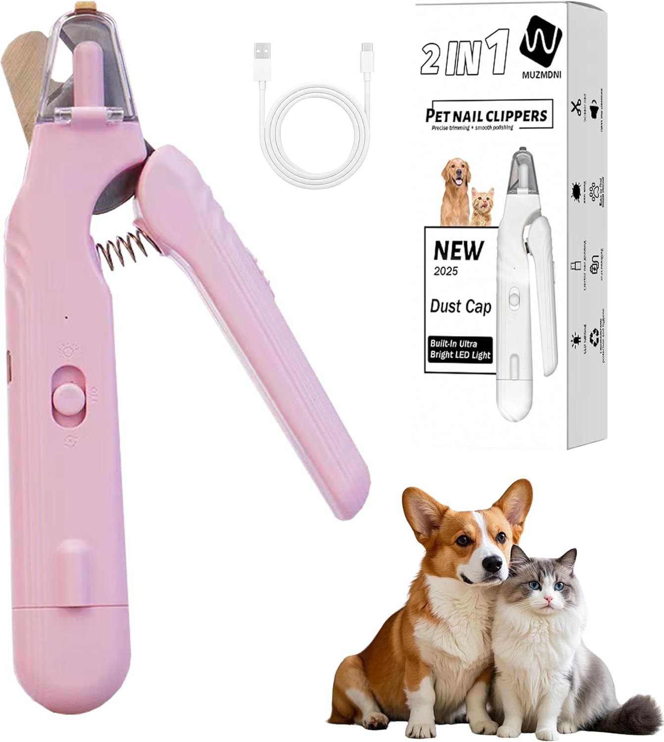 2-in-1 Dog Nail Grinder & Dog Nail Clippers Trimmers for Large Medium Small Dogs Cats Pets Claw Trimmer with LED Lights (Pink)
